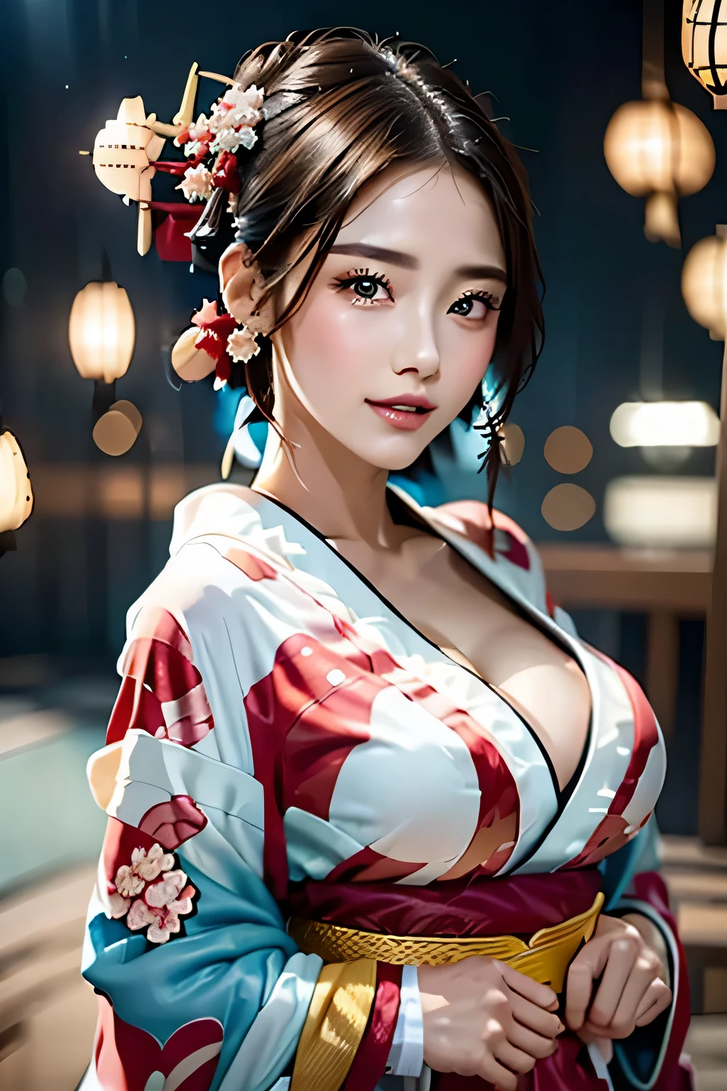 (((Gorgeous courtesan kimono:1.7))),(Beautiful mature woman in a noble courtesan kimono),(((Flashy and extravagant courtesan attire:1.3))),(Glamorous Jar)(Gorgeous floral hair ornament),Gorgeous floral braided top knot,(Very delicate and beautiful hair,),(((Accentuate larger breasts:1.3))),Fireworks shooting up into the sky against the backdrop of the riverbank at night.、Cute round face,Detailed garment features,Detailed hair features,Detailed facial features,Looking at the camera,(Dynamic Angle),(Dynamic and sexy pose),Cinematic Light,(Ultra-high resolution output images,Written boundary depth,Intricate details,Light and shadow contrast、The subject appears three-dimensional,) ,Single-lens reflex camera, (Realistic:1.3),(8K quality,Anatomically correct facial structure,),(SeaArt 2 Mode:1.3),(Picture Mode Ultra HD,)