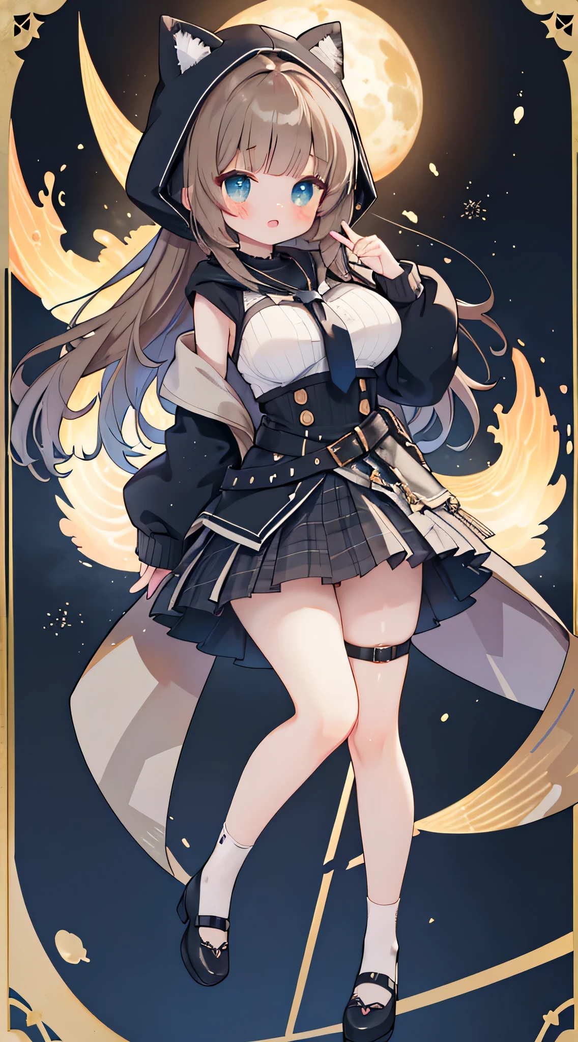 idol, yuri, bishoujo, masterpiece,best quality,official art,extremely detailed CG unity 8k wallpaper, Brown medium hair,blunt bangs, nose blush , shy, embarrassed , aqua eyes, beautiful detailed eyes, heterochromia yallow grey, huge breasts, between breasts, breasts apart, hanging breasts, bouncing breasts, Black Sweater,Black shirt,Black Student,One leg is wearing high quality white silk with high transparency,Wear black socks on the other foot,The leg with the black socks has a black leg ring.,Wearing a blue fish-shaped hood,Blue Plaid Super Short Pleated Skirt,one bobby sock,one 80D high-quality white stocking,black leg belt, uwabaki, cross necklace,Salted fish hood, Salted Fish Hood,Super fat,plump breasts