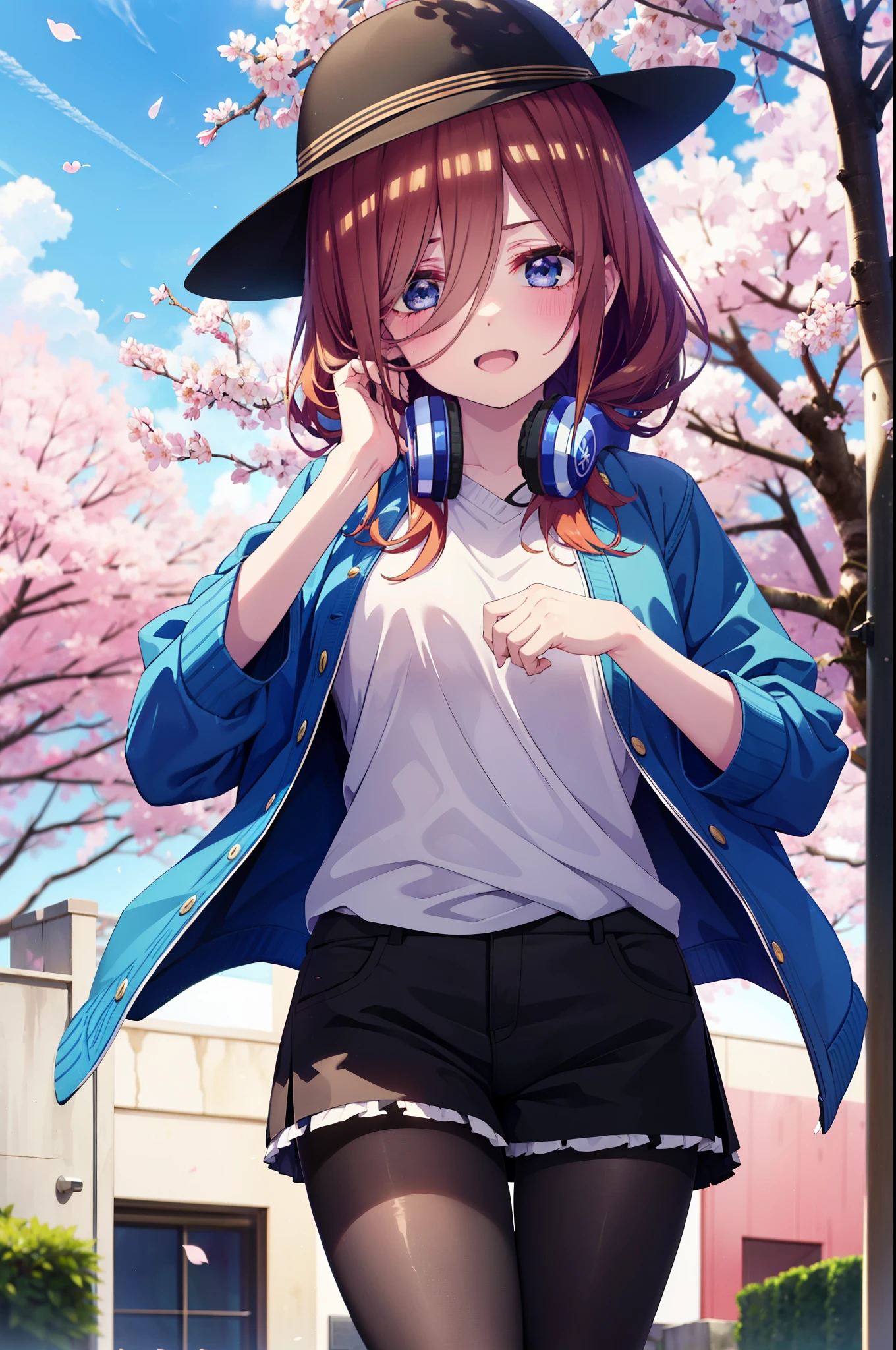 Miku Nakano, Miku Nakano, Long Hair, bangs, blue eyes, brown hair, shirt, Hair between the eyes, smile,blush,Open your mouth,Headphones around neck,オーバサイズチェック柄shirt,Shorts,Black pantyhose,Hunting Hat,short boots,Cherry blossoms are blooming,Cherry blossoms are scattered,Cherry blossom tree-lined path,whole bodyがイラストに入るように,
break outdoors, garden,
break looking at viewer,whole body, (Cowboy Shot:1. 5)
break (masterpiece:1.2), highest quality, High resolution, unity 8k wallpaper, (figure:0.8), (Beautiful fine details:1.6), Highly detailed face, Perfect lighting, Highly detailed CG, (Perfect hands, Perfect Anatomy),