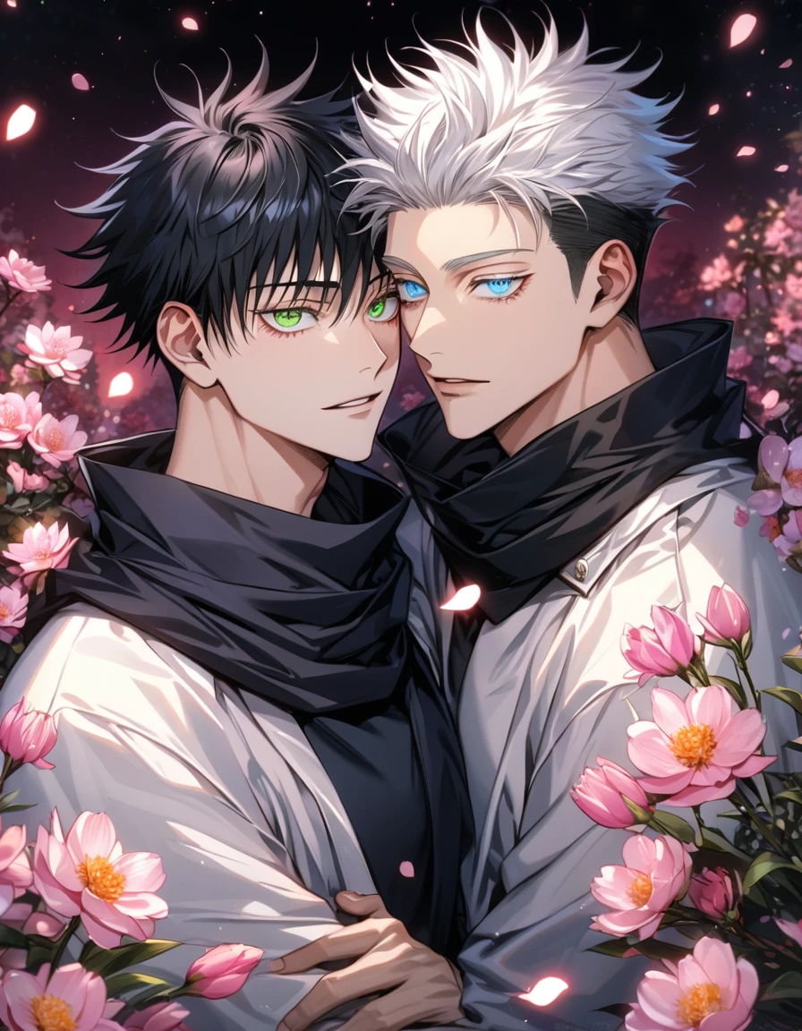 Ultra detailed, highres, absurdres, HDR, Fushiguro Megumi, black hair, green eyes, Gojou Satoru, white hair with bangs, blue eyes, white eyelashes, Jujutsu Kaisen, pink flowers, petals, fireflies, pink moon, 2 sexy men together, gay couple, handsome, very detailed face and eyes, black scarf, white haori, tone chest, love, lying down, happy,