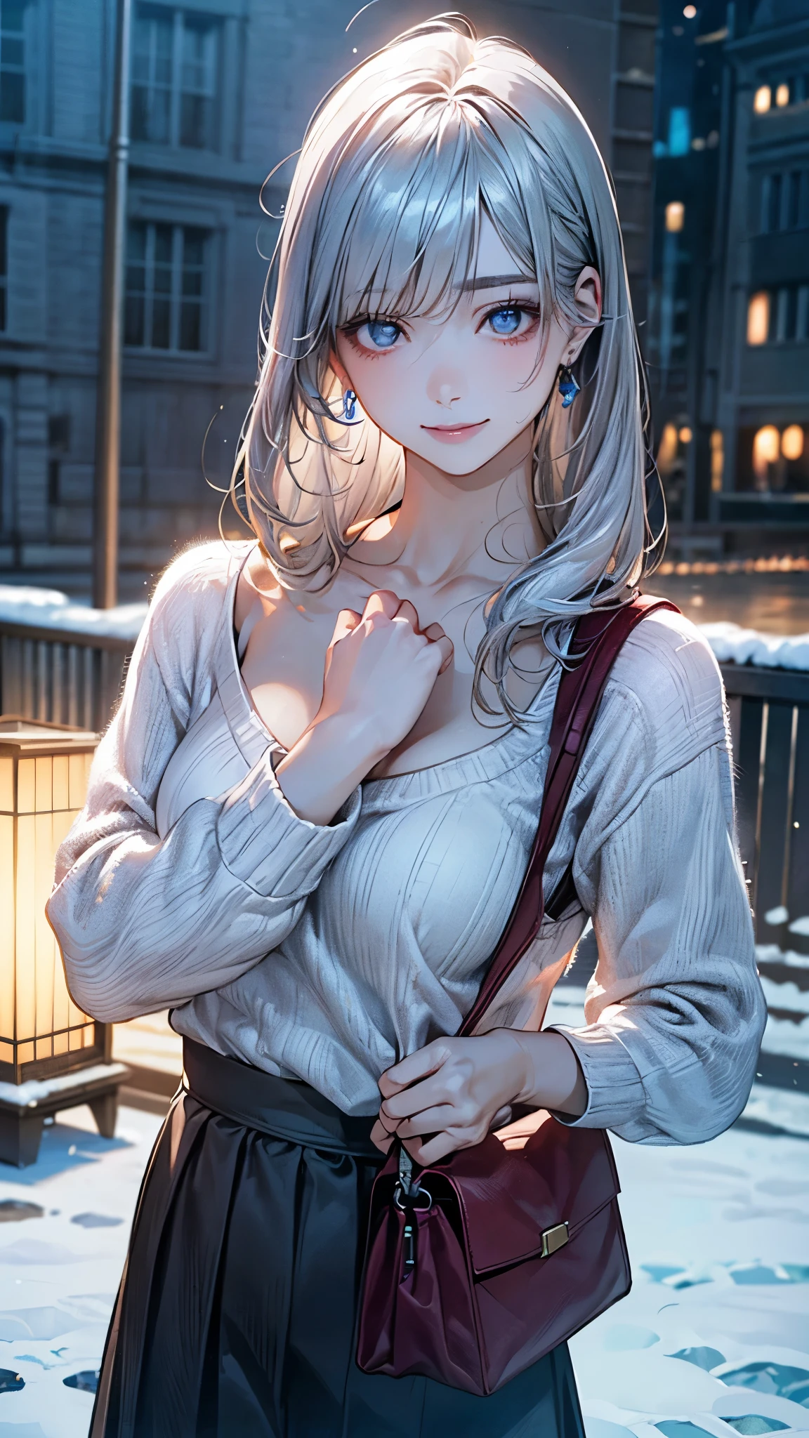 (masterpiece:1.2, top-quality), (realistic, photorealistic:1.4), beautiful illustration, (natural side lighting, movie lighting), ,
looking at viewer, (face focus, upper body), cowboy shot, 1 girl, japanese, high school girl, perfect face, babyface, (perfect anatomy:1.4), cute and symmetrical face, white skin, shiny skin,
(long hair:1.2, straight hair:1.2, silver hair), bangs, blue eyes, big eyes, long eye lasher, (large breasts), slender,
beautiful hair, beautiful face, beautiful detailed eyes, beautiful clavicle, beautiful body, beautiful chest, beautiful thigh, beautiful legs, beautiful hands,
(detailed cloth texture, (pastel colors), parl-white sweater, rose-grey long skirt, black shoulder bag),
(beautiful scenery), winter, evening, (aquaria), walking, (lovely smile, upper eyes),