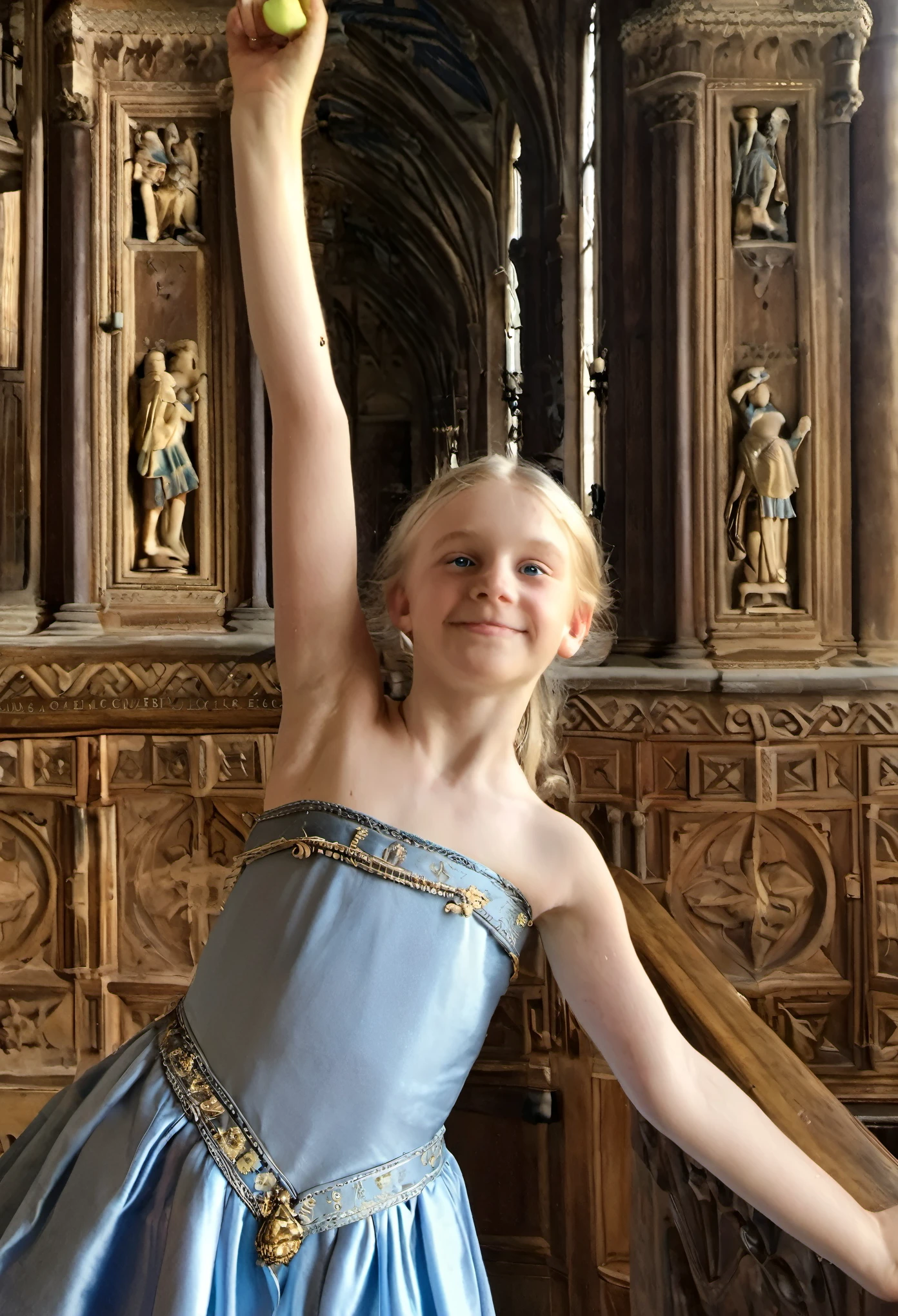 Phone photo, natural look of 9 years old girl, wearing medieval strapless french dress, arms behind head, armpits, natural light,  blue eyes, light blonde hair, arms up, sweaty, at castle main hall, detailed face, detailed armpits, posted at snapchat in 2019, super cute face, half body