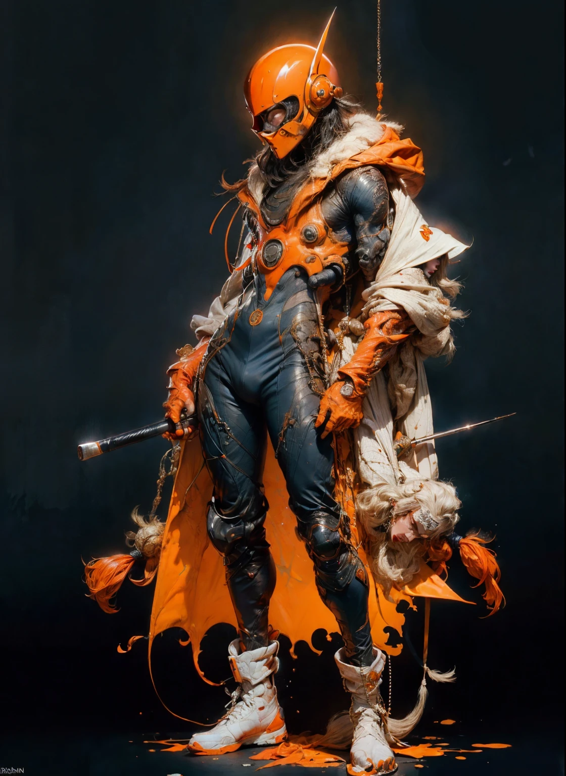 perfect proportions, anatomically correct, (head to toe: 2.0), (full body image: 2.0), solo, (Casshern: 1.6), extremely stylized, deviant art, masterpiece, highly detailed, detailed eyes, expressive detailed eyes, detailed pupils, futuristic, ((1950s scifi helmet)), ((pointy helmet)), Rubber Gloss, (orange skinsuit:1.4), white boots, entire body image, full body shot, nvinkpunk, professional photograph of alexander_skarsgard, tassles, large beads, large tassels, navy blue and white, cyberpunk, inkpunk, paint platter, ink splatter, (action pose:1.0)