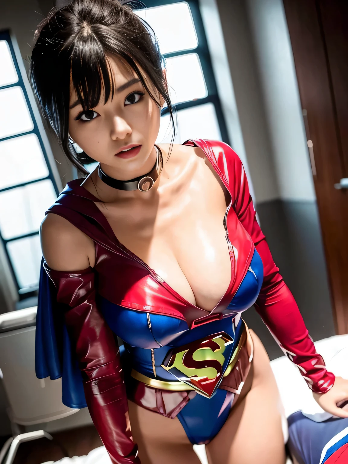 masterpiece、Enamel Supergirl Costume、Short Hair、Hospital operating table、Crisis situation、Big and ample 、looking at the camera、Shiny、Off the shoulder、choker、Long sleeve、Red exy poses to seduce、Sweaty、Model Body Type、Alluring、charm、Enchanting、abused、victim、Wild、
