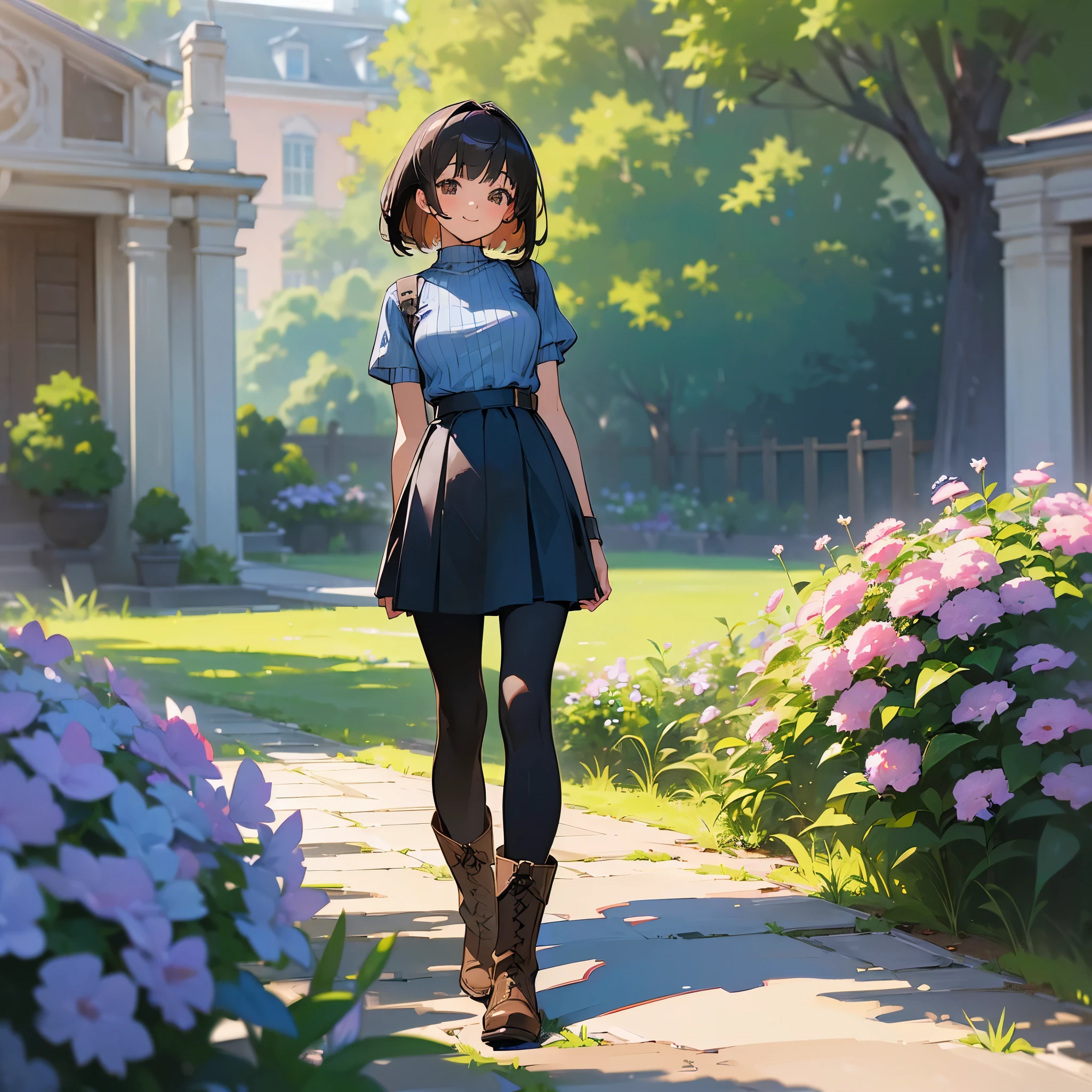 (high quality, High resolution, Very detailed, reality:1.37), Peaceful atmosphere, (Outdoor, garden), teenage girl standing alone, (my breasts are big.), Beautiful detail features, Cute Smile, (Black bob hair), Short sleeve ribbed sweater, Blue Skirt, black tights, Brown boots.