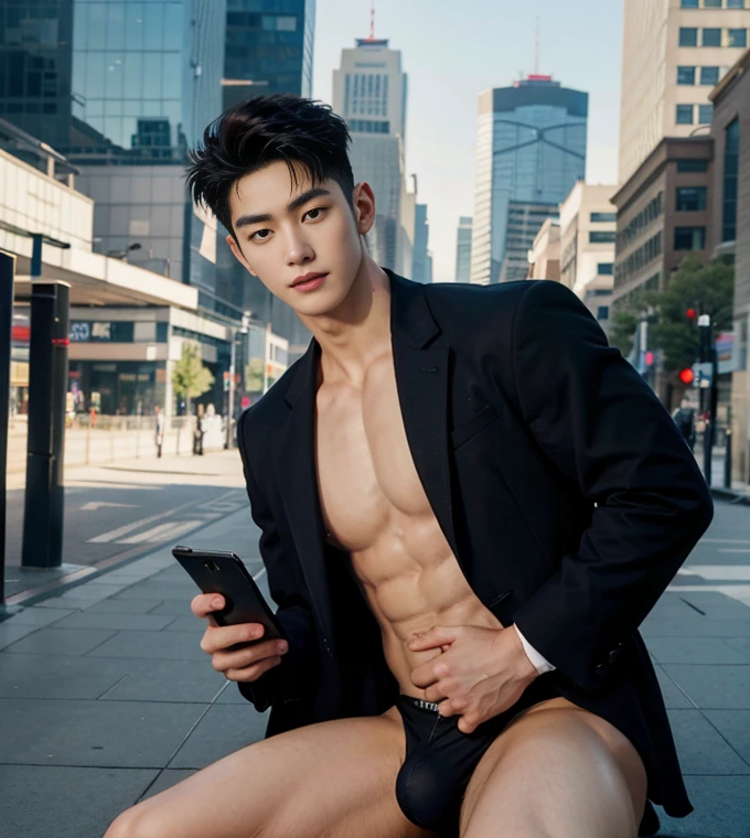 HOMEM COREANO, PEITO MUSCULAR, bulge , athletic physique, smirking, muscular naked man, muscular body in suit, slender, no body hair, wearing navy suit and tie, using smart phone, in a downtown street with skyscrapers background,Full Body Shoot, tattoo chest, tattoo arms, tattoo hands, Thin stature,detailed body, centered, symmetry, naked, long big dick masturbate, detailed corrected shape dick, open legs, juicy butts