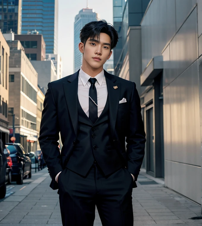 HOMEM COREANO, PEITO MUSCULAR, bulge , athletic physique, smirking, muscular naked man, muscular body in suit, slender, no body hair, wearing navy suit and tie, using smart phone, in a downtown street with skyscrapers background,Full Body Shoot, tattoo chest, tattoo arms, tattoo hands, Thin stature,detailed body, centered, symmetry, naked, long big dick masturbate, detailed corrected shape dick, open legs, juicy butts