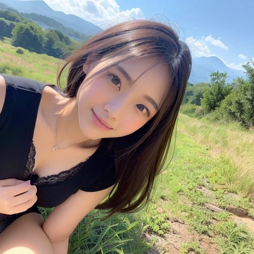 (highest quality, Full body shot, Realistic photos, Raw photo, 16k), (((A beautiful Japanese girl who will charm you,))) ((She is very attractive、In the middle of a beautiful landscape, I send my best love to you., Staring at me with a loving gaze, I want to make you fall in love with me、Express that emotion with your whole body.,)) (((The best moments to charm you, A very beautiful scene,)))