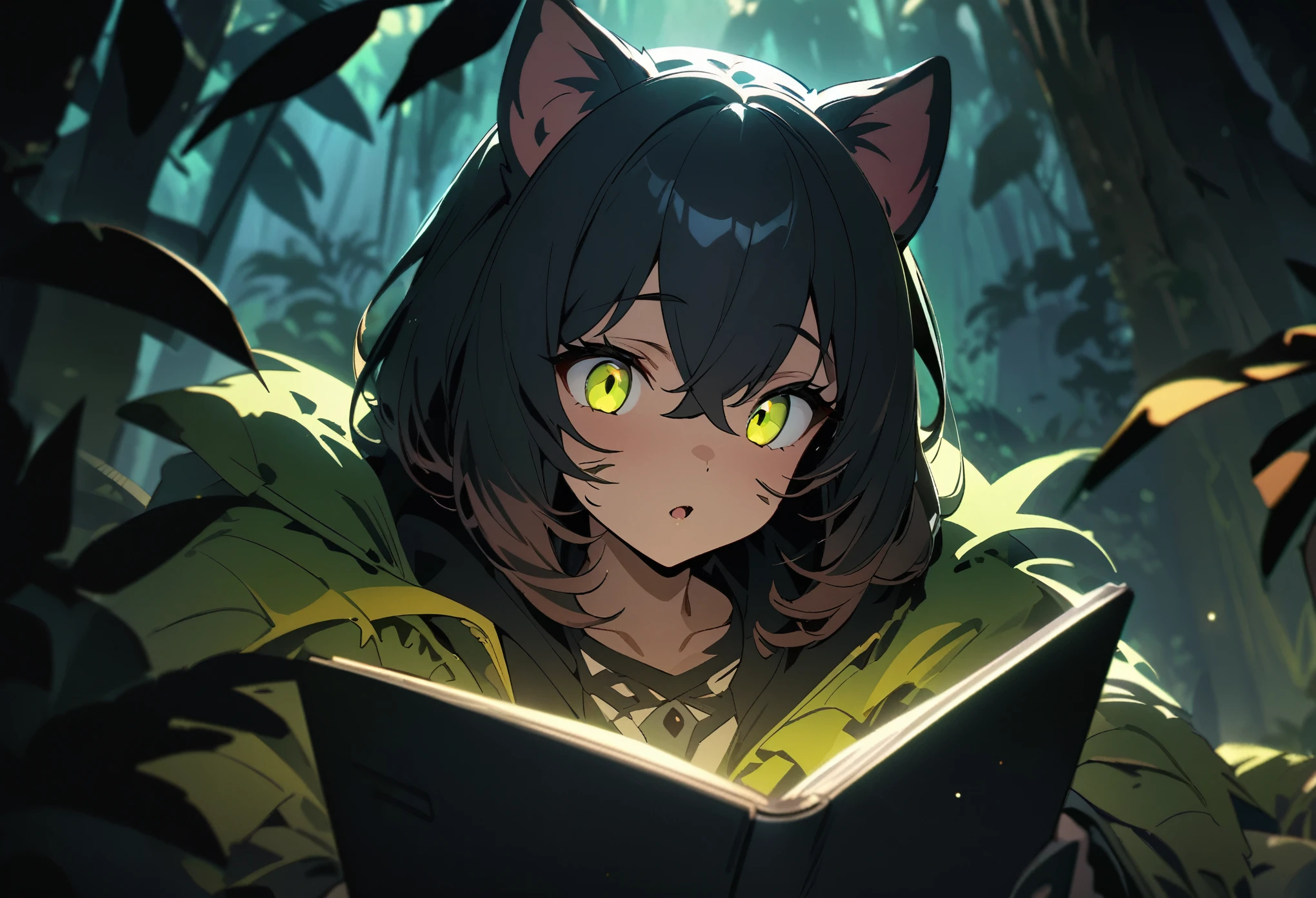 cover page, highres, top quality, best quality, paid reward available, unparalleled masterpiece, perfect artwork, absurdres, High-quality illustrations, super high resolution, detailed background, perfect anatomy (Walking through the firefly-filled jungle at night)(1boy, kemono, furry)(Attention to detail:1 1)high quality, Browsing Caution, Beautiful Eyes(detailed face and eyes)Sharp focus, Contrast lighting, Crazy Details, Soft lighting, high quality, Film Grain((dramatic))epic, One scene of movie,