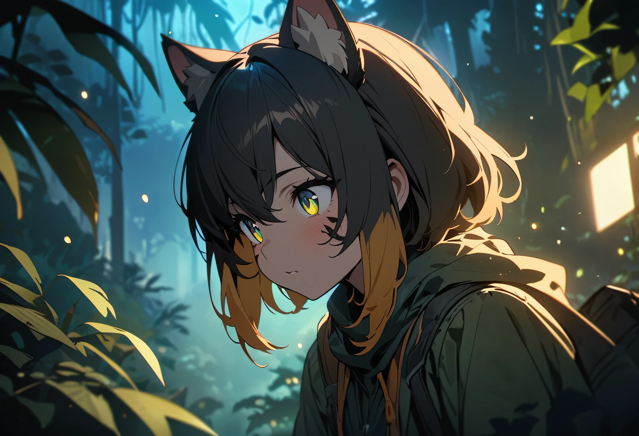 cover page, highres, top quality, best quality, paid reward available, unparalleled masterpiece, perfect artwork, absurdres, High-quality illustrations, super high resolution, detailed background, perfect anatomy (Walking through the firefly-filled jungle at night)(1boy, kemono, furry)(Attention to detail:1 1)high quality, Browsing Caution, Beautiful Eyes(detailed face and eyes)Sharp focus, Contrast lighting, Crazy Details, Soft lighting, high quality, Film Grain((dramatic))epic, One scene of movie,