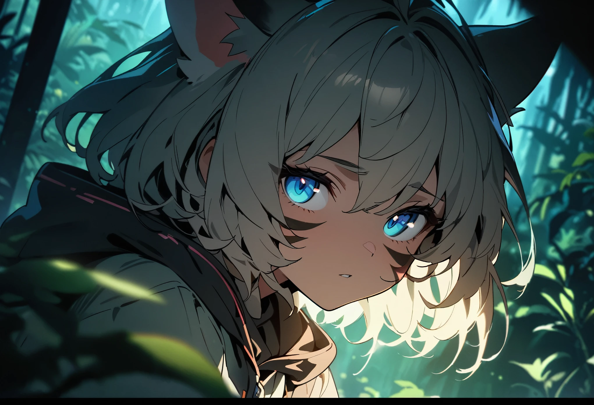 cover page, highres, top quality, best quality, paid reward available, unparalleled masterpiece, perfect artwork, absurdres, High-quality illustrations, super high resolution, detailed background, perfect anatomy (Walking through the firefly-filled jungle at night)(1boy, kemono, furry)(Attention to detail:1 1)high quality, Browsing Caution, Beautiful Eyes(detailed face and eyes)Sharp focus, Contrast lighting, Crazy Details, Soft lighting, high quality, Film Grain((dramatic))epic, One scene of movie,
