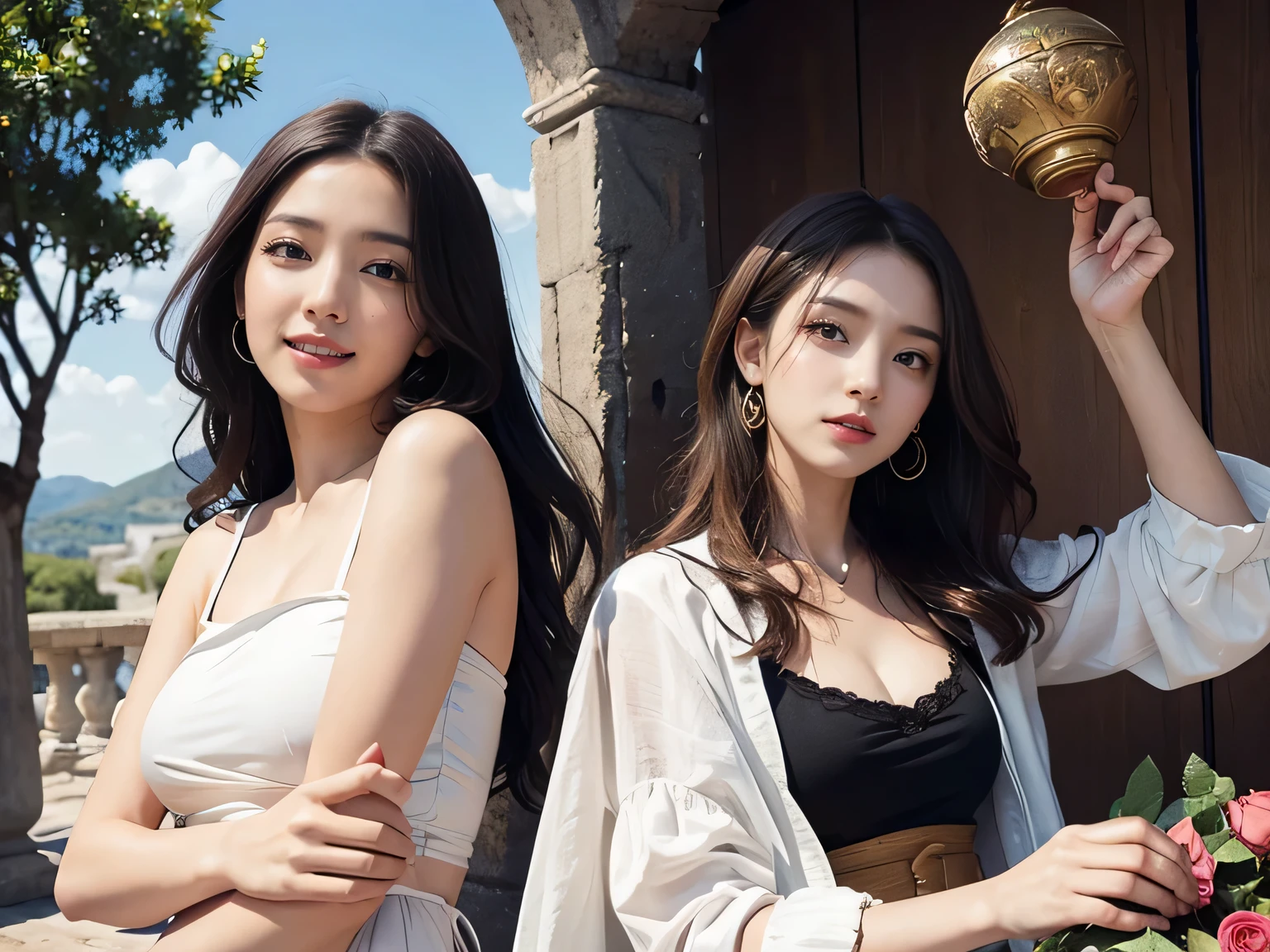 ((Realistic:1.5)),Ulzzang-6500：0.7，((Best quality)), ((Masterpiece)),((Detailed)),2girls,duo,{2 beautiful women}, (Upper body:1.3),Hug and touch each other, Tease your friend's waist, Breathless friends, Biting a friend's earlobe, crouched,super wide shot,Face focus, Long legs,Curvy, Barefoot,Wide hips, Thin legs, Oversized eyes,Long eyelashes, (Detailed face,beautidful eyes, detailedpupils,detailed clothes features, Clear background:1.3), (armlets, bangle:1.3), Mysterious ancient ruins, floresta exuberante, Deep canyon,bridge,River,cliff,Cloud,lakes,Rock music,Waterfalls, Flowers, Grass,grape trees,tree,bright detail,Sharp,Perfect compounding, Intricate, Sharp focus, Dramatic,