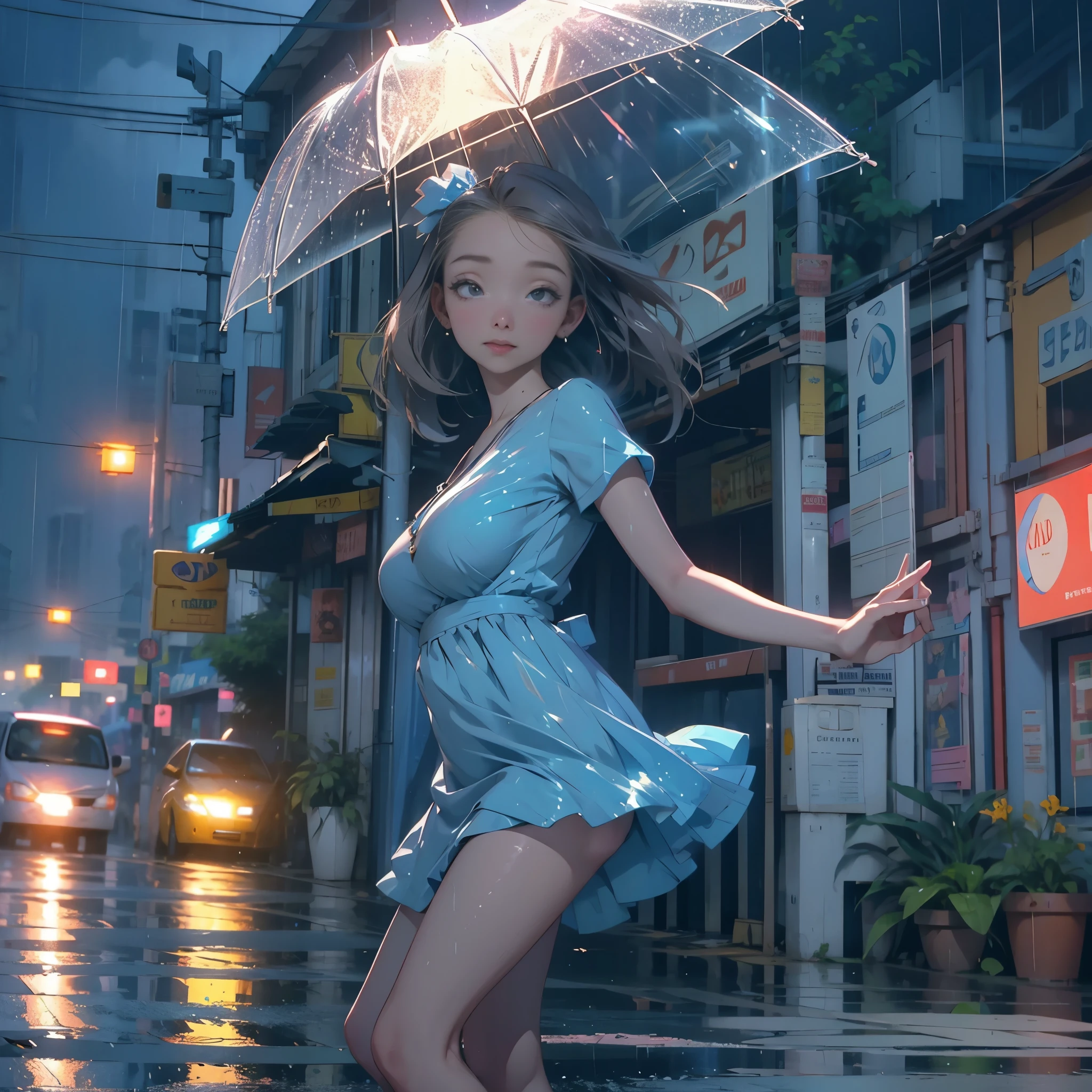 A cute woman in a short blue dress is dancing in the mid day rain on her way home, streets of Bangkok