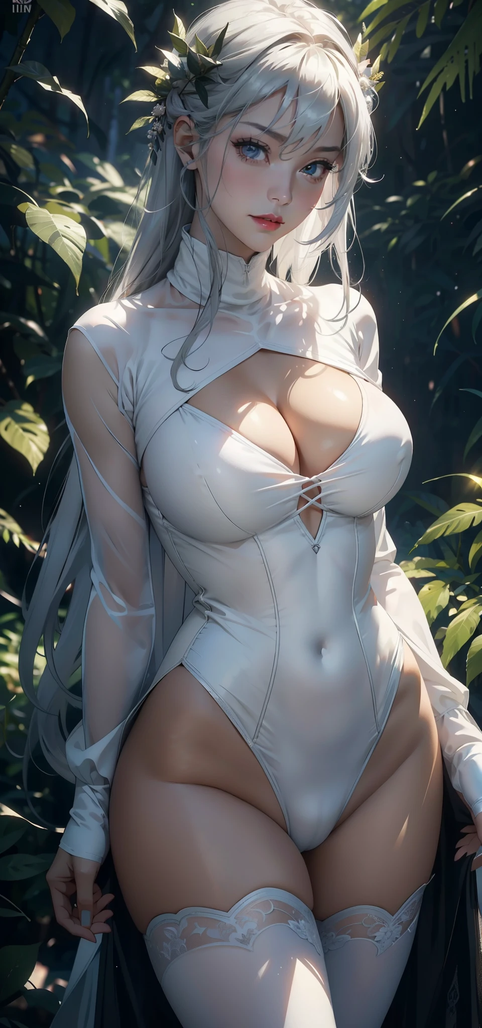 1 female，45 years old，Married woman，milf，Large Breasts，Long legs，Big breasts and thin waist， 照片曝Light， solitary，（background：In the woods，Rainforest，In the summer） She has long silver-white hair，Bangs，Straight hair and red lips，stand up，Front view， OK， Gloomy sky，（（（masterpiece），（Highly detailed CG Unity 8k wallpaper），最OK质量，Light，详细background，beautiful eyes，（Very delicate and beautiful），（Beautiful and detailed description of the eyes），Ultra Detailed，masterpiece，）），face camera，high resolution，Ultra Detailed），Exposing breasts，Exposing genitals， Convex，Camel toe，Sexy bulge，Fairy Queen（wear：Transparent Turtleneck，White tight gel coat，Victorian style）