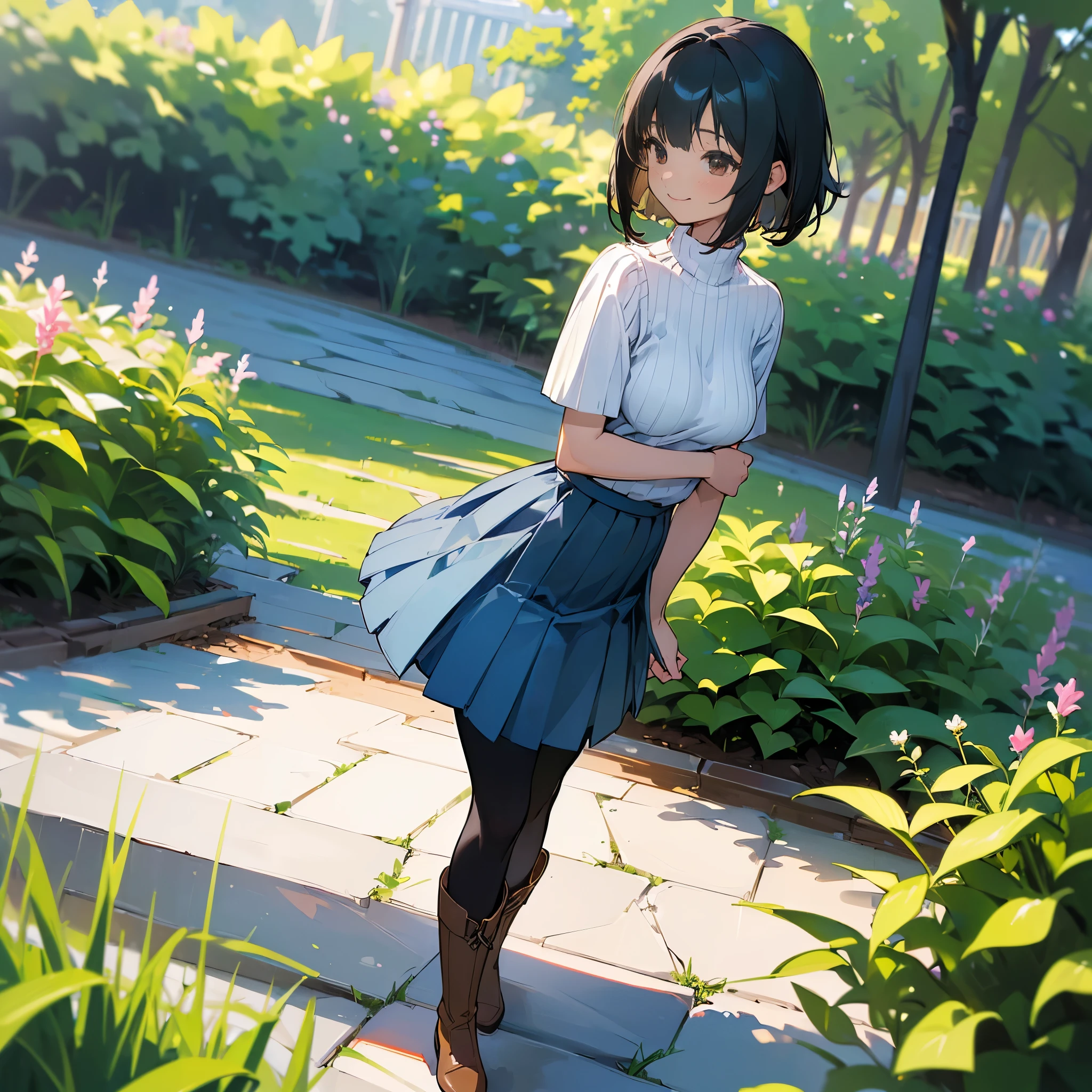 (high quality, High resolution, Very detailed, reality:1.37), Peaceful atmosphere, (Outdoor, garden), age girl standing alone, (my breasts are big.), Beautiful detail features, Cute Smile, (Black bob hair), Short sleeve ribbed sweater, Blue Skirt, black tights, Brown boots.
