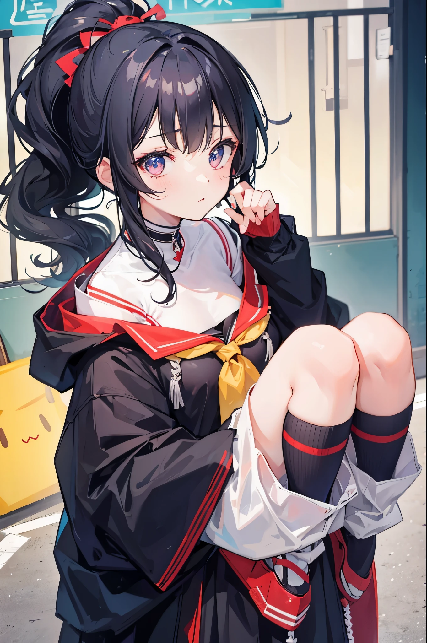 Girl&#39;s face is slightly fat，Protruding cheekbones，Round chin，Eyes are small，High ponytail with black hair，Slightly curly hair at the end，Japanese comics cute style，Cute school
