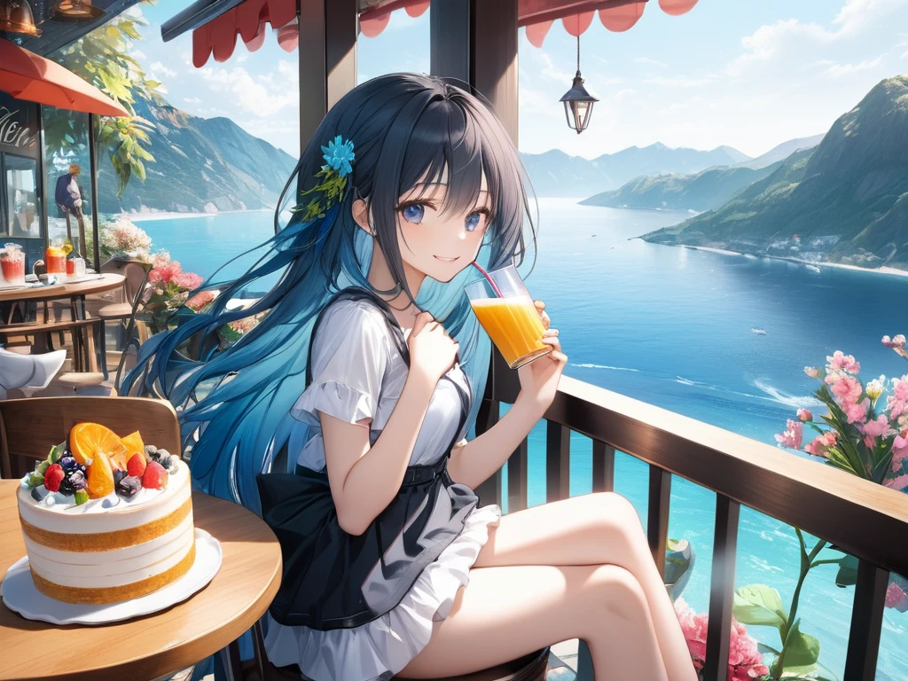 (looking away:1.2),(masterpiece:1.2), (best quality),(ultra detailed),(extremely detailed),(absolutely resolution) ,absurdres,8k, 1girl-drinking-fruits-juice, cafe, sitting-on-the-chair, grin, cake, mountain, blue-coral-sea,  flowers-pods, windy, 
BREAK,  ultra detailed eyes, long hair, messy hair, (gradation hair:1.2),