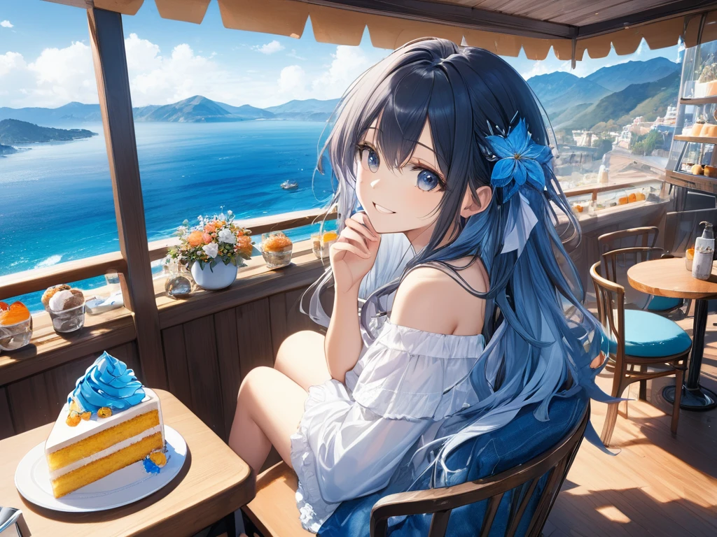 (looking away:1.2),(masterpiece:1.2), (best quality),(ultra detailed),(extremely detailed),(absolutely resolution) ,absurdres,8k, 1girl-drinking-fruits-juice, cafe, sitting-on-the-chair, grin, cake, mountain, blue-coral-sea, flowers-pods, windy,
BREAK, ultra detailed eyes, long hair, messy hair, (gradation hair:1.2),