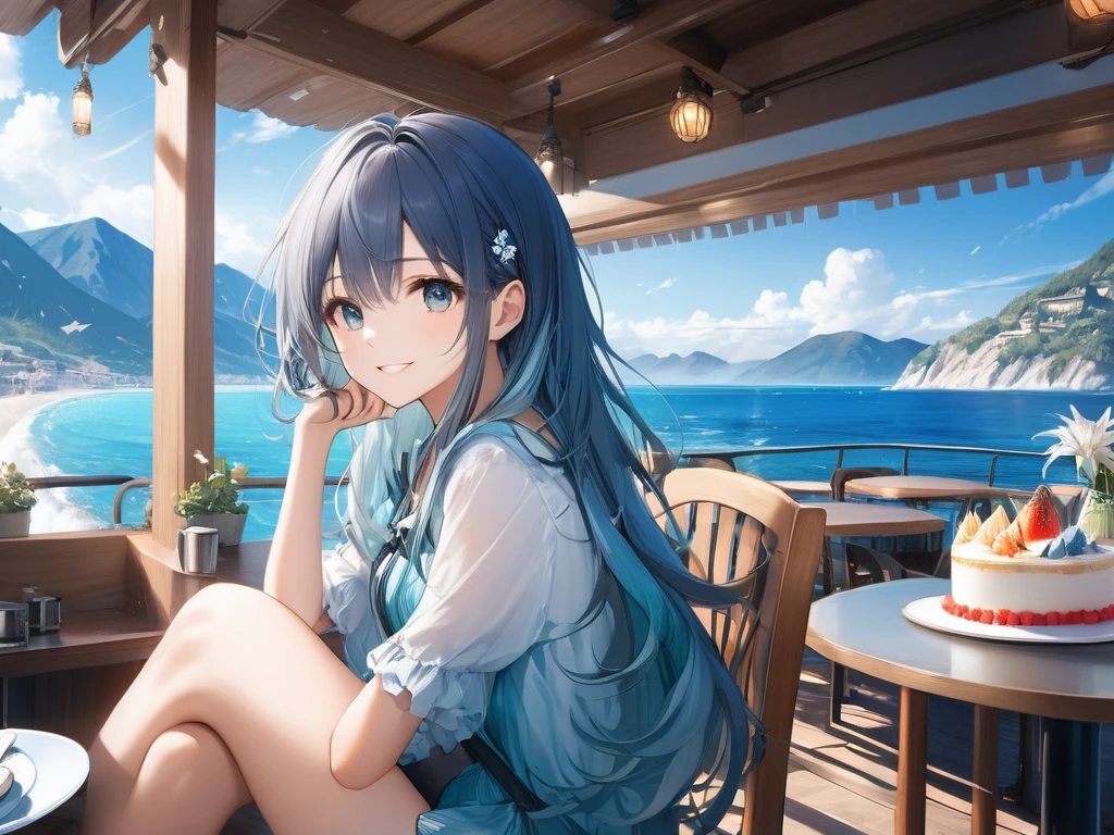 (looking away:1.2),(masterpiece:1.2), (best quality),(ultra detailed),(extremely detailed),(absolutely resolution) ,absurdres,8k, 1girl-drinking-fruits-juice, cafe, sitting-on-the-chair, grin, cake, mountain, blue-coral-sea, flowers-pods, windy,
BREAK, ultra detailed eyes, long hair, messy hair, (gradation hair:1.2),