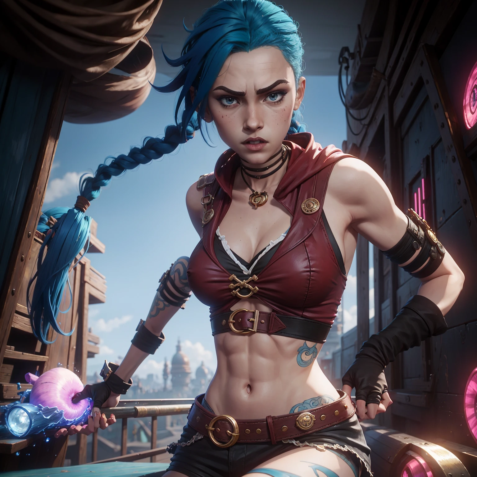 Jinx, estilo arcano, 1girl, asymmetrical bangs, franja azul, cabelo azul, pigtail, camisa marrom, tatuagem de nuvem, cabelo azul, jinx de cabelo longo, diafragma, olhos de cor rosa, red-lips,, twin braids, Jinx, Jinx de Arcane\(league of legends\) (arcane style)