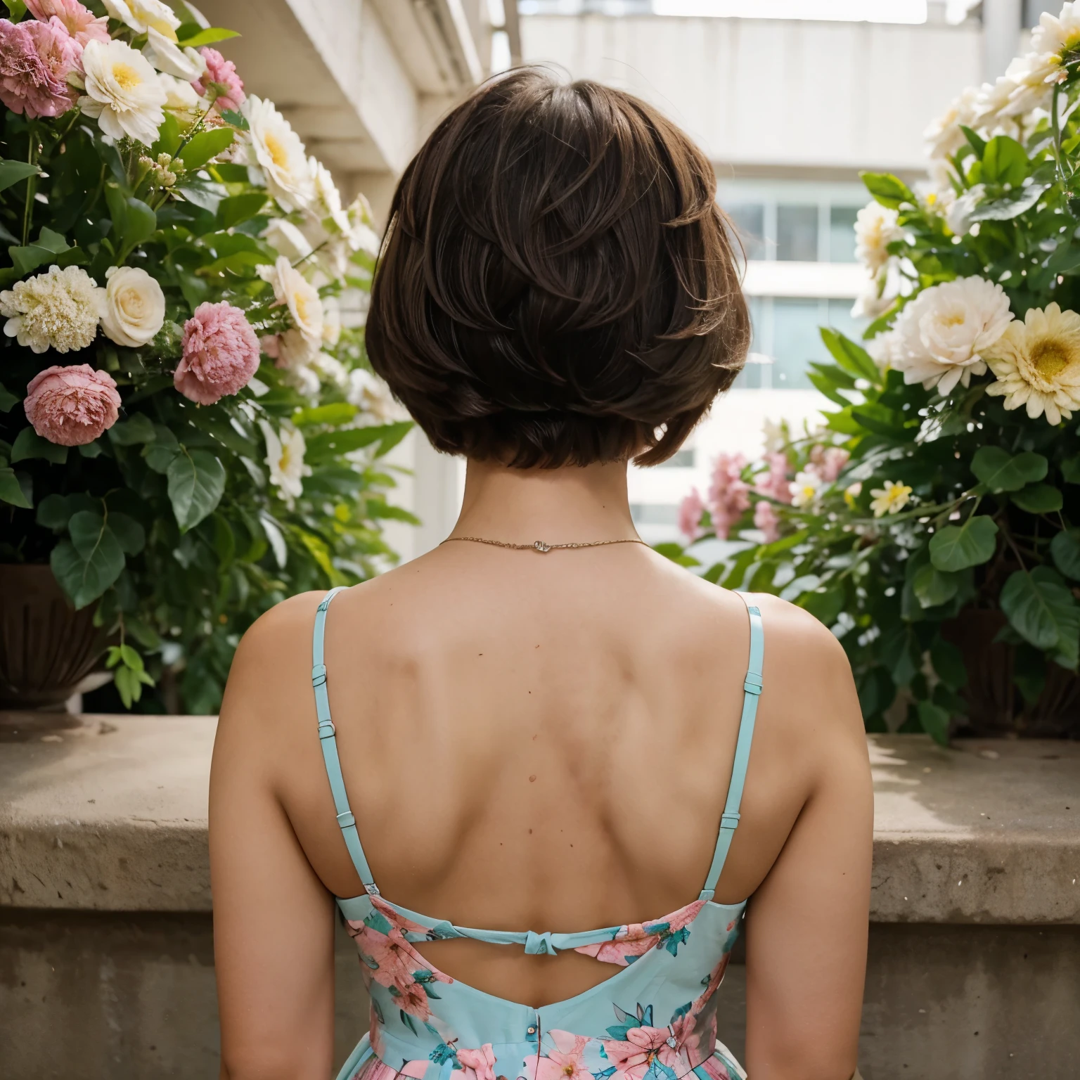 The back of a bob haired cut cute girl with bangs with a flowery dress