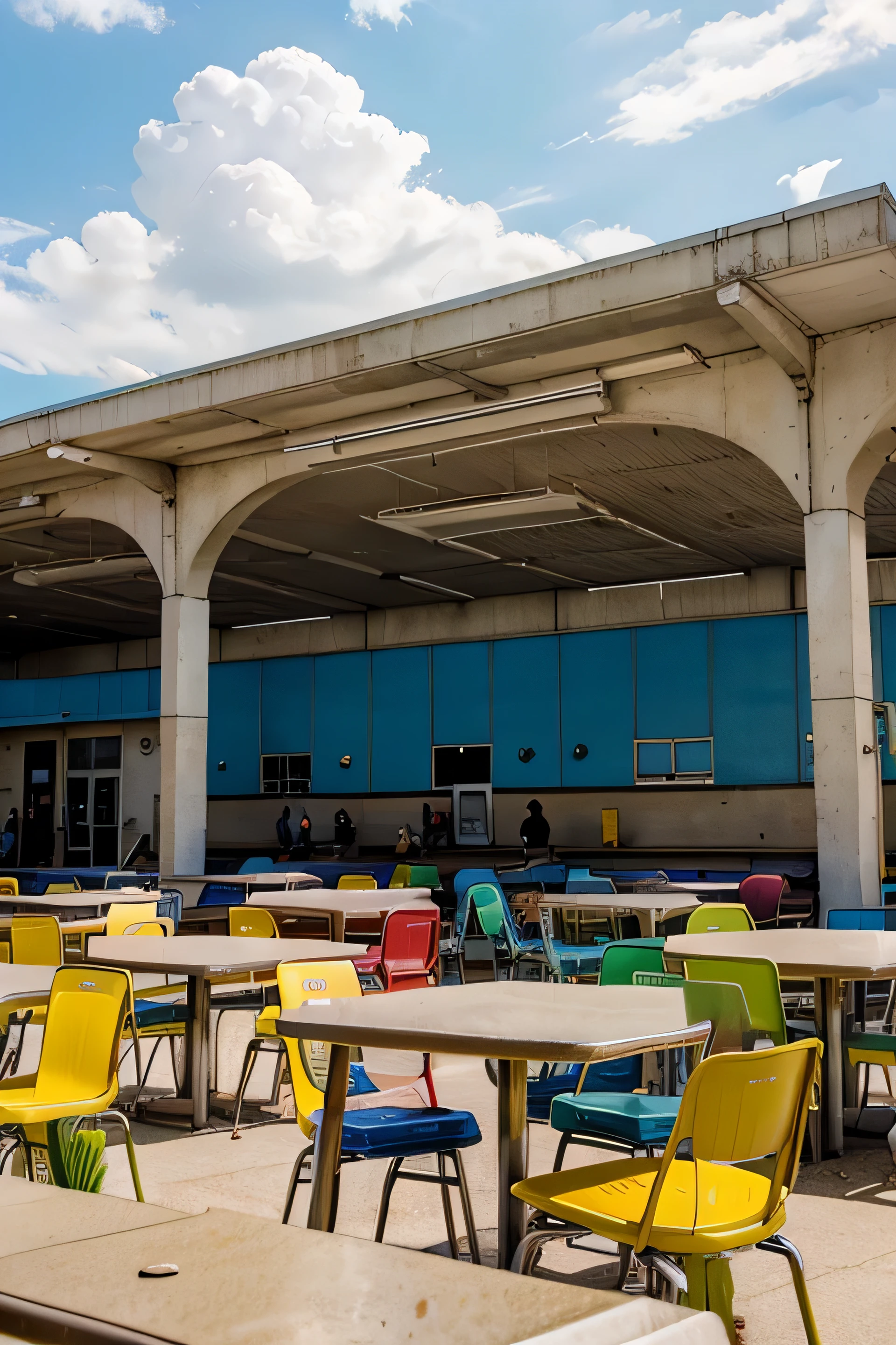 High school outdoor cafeteria, retro, cafeteria tables, 50s, sunny day, clouds, bright colors High school big building backgroung