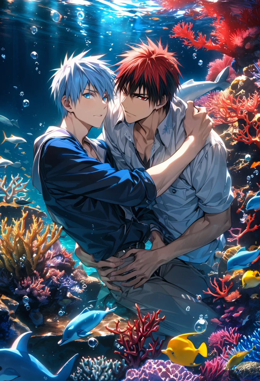 absurdres, highres, ultra detailed, HDR, masterpiece, extremely detailed face and eyes, Kagami Taiga, red short hair, expressive red eyes, Kuroko No Basket, Kuroko Tetsuya, light-blue hair, expressive blue eyes, 2men together, gay couple, handsome, underwater, bubbles, coral, fish, dolphin 