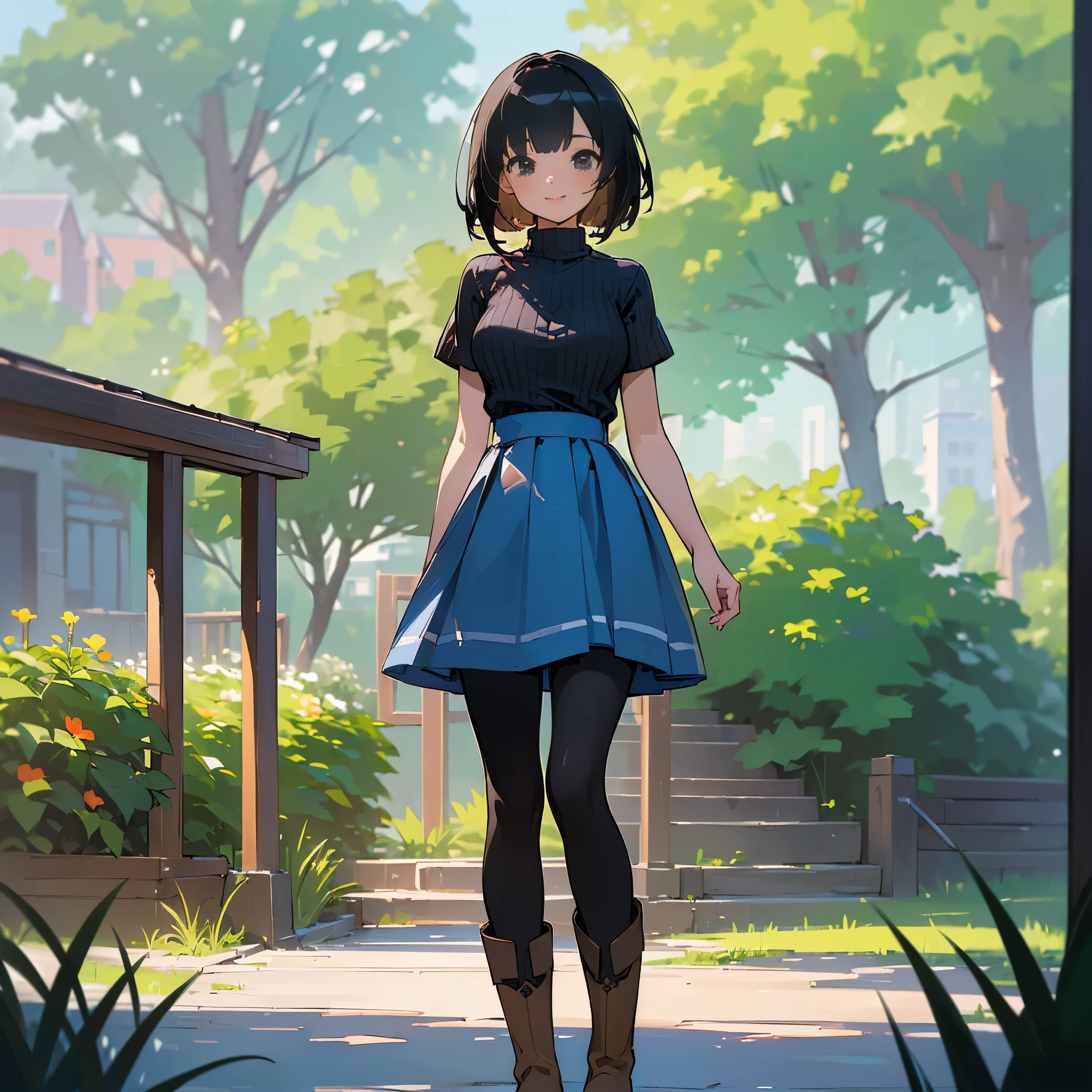 (high quality, High resolution, Very detailed, reality:1.37), Peaceful atmosphere, (Outdoor, garden), age girl standing alone, (my breasts are big.), Beautiful detail features, Cute Smile, (Black bob hair), Short sleeve ribbed sweater, Blue Skirt, black tights, Brown boots.