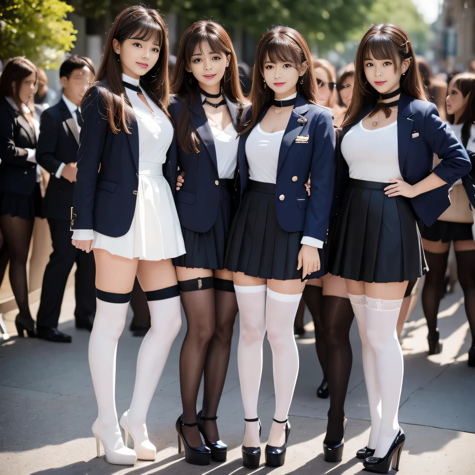 ((masterpiece, High resolution)), ((Thousands, Crowd)), girl, group, clone, (( brown haired girl, blonde girl)), Long Hair, Curly Hair, Matching hairstyle, Different hair colors, With confidence, elegant, rich girl, Emotionless, Arms at your sides, Straight spine, (((Matching outfits, Same clothes, Navy blue uniform, Sexy Uniform, Navy blue blazer, Short skirt, White knee socks, Long white socks, Black high heels))), Upright immobile posture, shoulder to shoulder, Same pose, sisters lined up neatly, Many lines, Crowd Shot, ((Black Choker, blue eyes, Very long eyelashes, bangs, Big Breasts, smile))