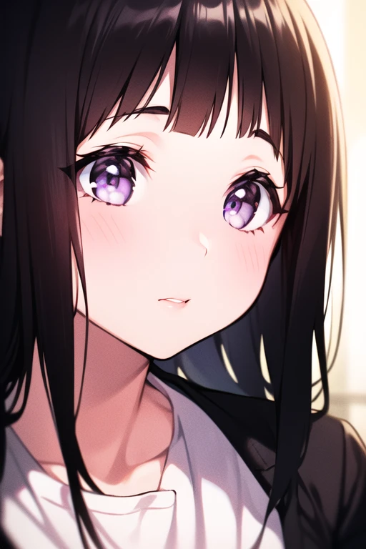(A superb exquisite Chitanda Eru), Purple eyes, Black Hair, Natural Straight Hair, Straight bangs, alone, ((At the cloth store)), shopping, Very delicate, straight face, A uniquely beautiful girl, soft, (Sensual face), Dreamlike quality, Exaggerated facial features, Solid Color, frank holly, Delicate face, Bright lips, Narrow waist, soft curves, True light and shadow, Super quality, 4K, Natural movement, Ultra-high resolution, (masterpiece:1.2, highest quality), (Beautiful, detailed eyes: 1.2), (Beautifully detailed face)