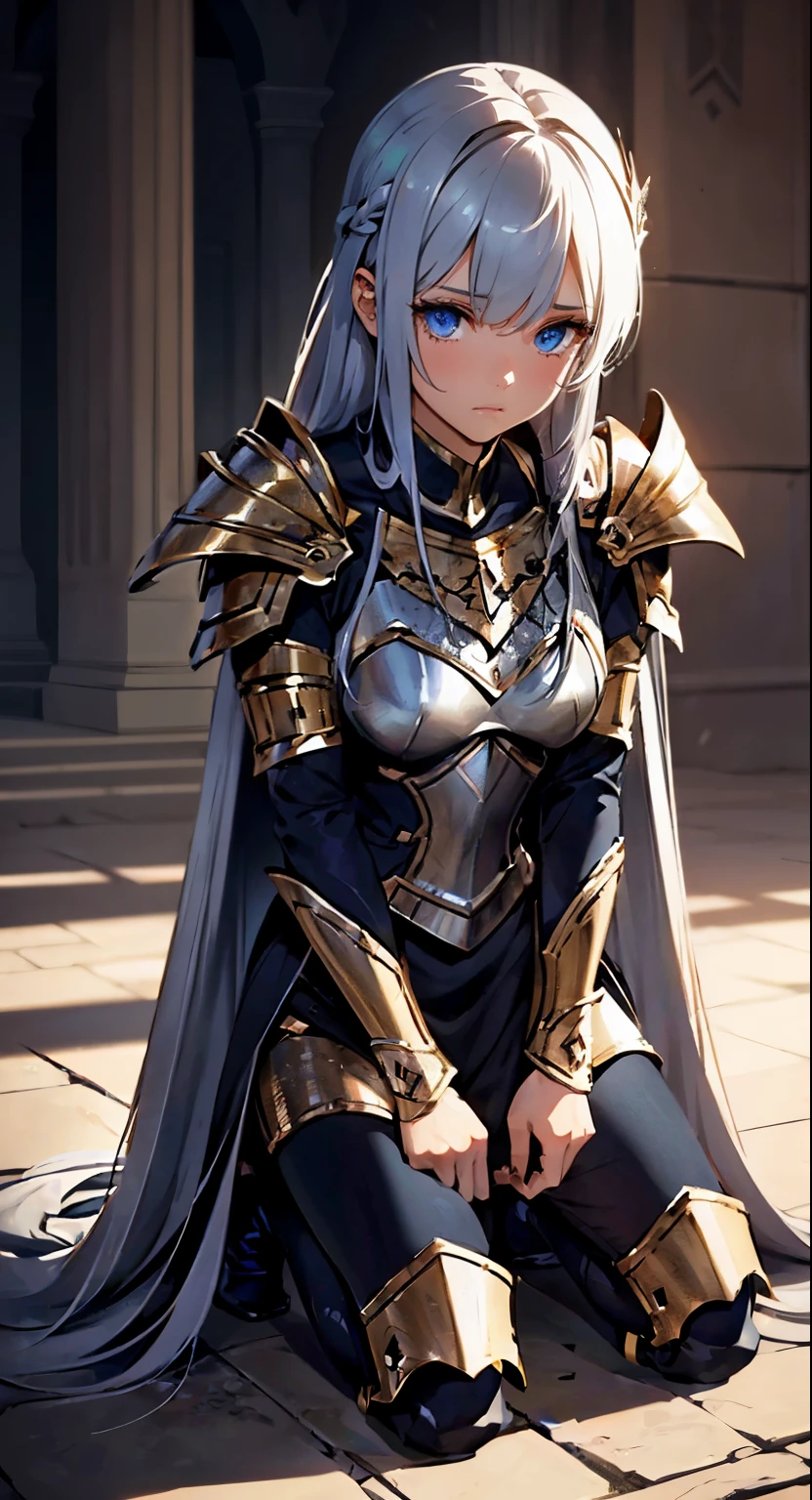 A girl, wearing a simple armor, shattered, armor is broken, simple broken sword, she is kneeling on the floor, she is sad, tears, ultra long hair, Long eyelashes, ultra detailed face, glowing lips, glowing eyes, campfield 
