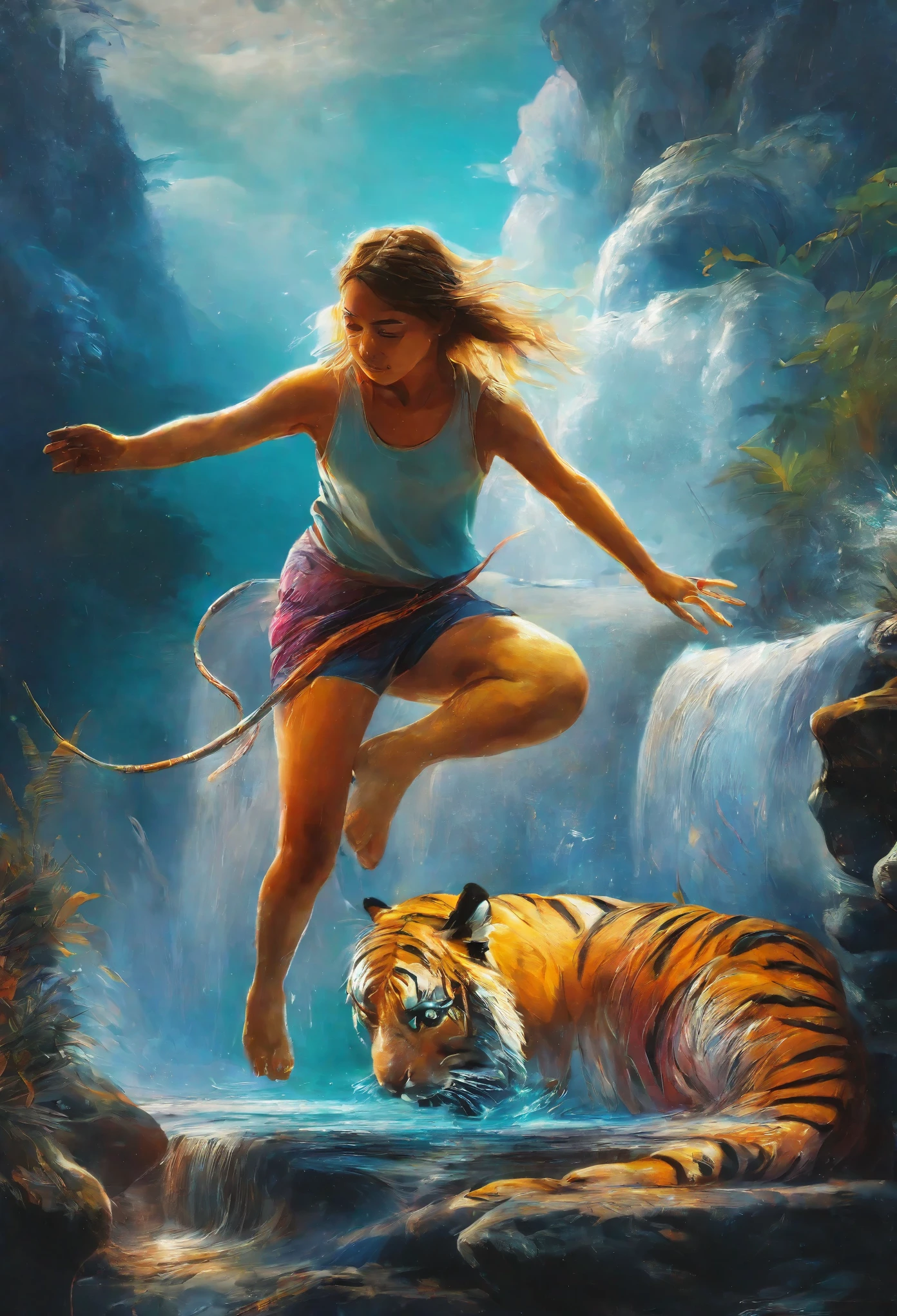 (masterpiece, top-quality, Official art:1.2)Look at view, tiger and girl, Tiger painting, A flash of light runs, Colorful water levitation(2D:1.5),