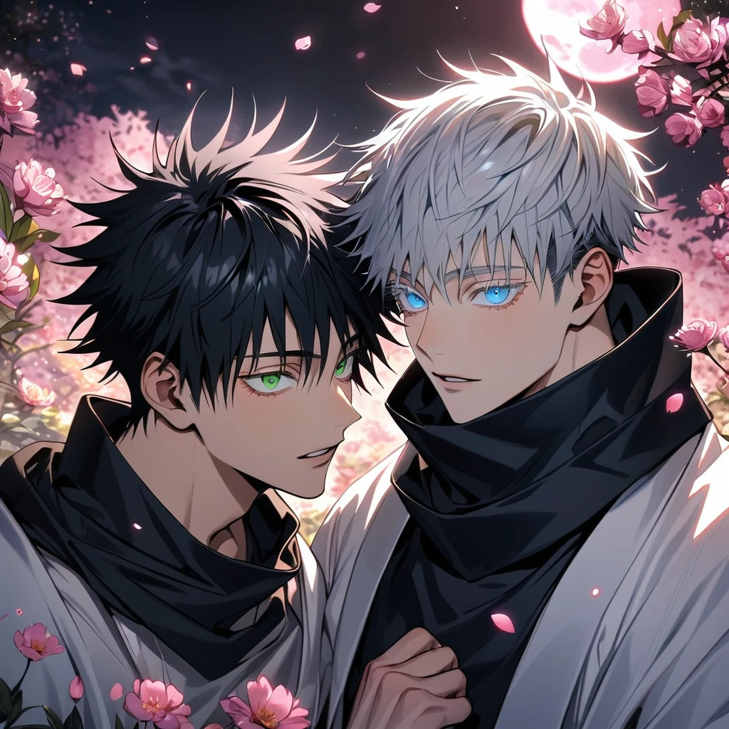 Ultra detailed, highres, absurdres, HDR, Fushiguro Megumi, black hair, green eyes, Gojou Satoru, white hair with bangs, blue eyes, white eyelashes, Jujutsu Kaisen, pink flowers, petals, fireflies, pink moon, 2 sexy men together, gay couple, handsome, very detailed face and eyes, black scarf, white haori, tone chest, love
