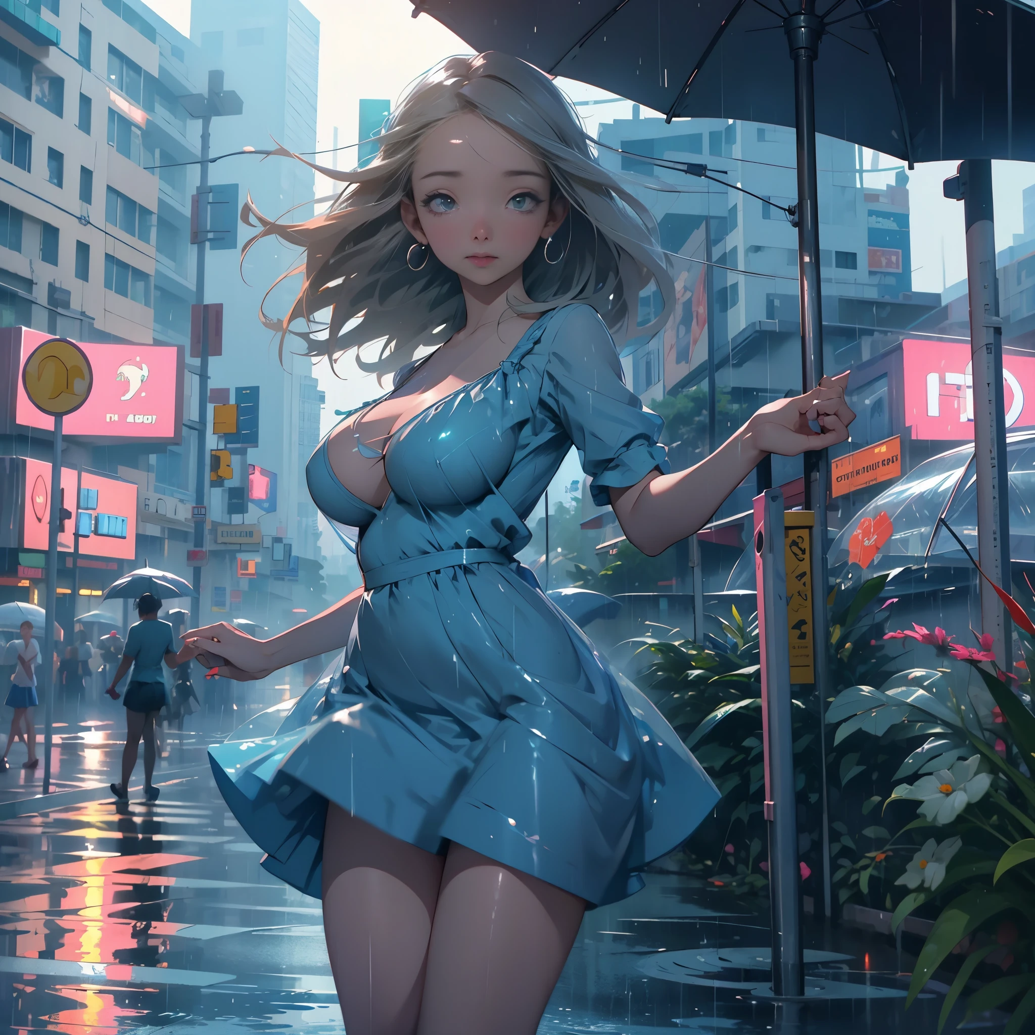 A cute woman in a short blue dress is dancing in the mid day rain on her way home, streets of Bangkok