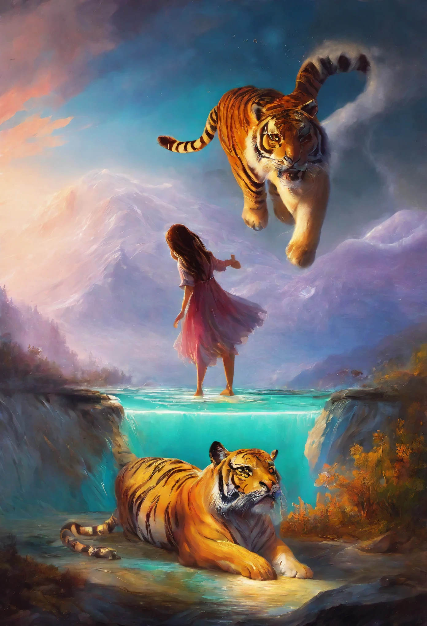 (masterpiece, top-quality, Official art:1.2)Look at view, tiger and girl, Tiger painting, A flash of light runs, Colorful water levitation(2D:1.5),