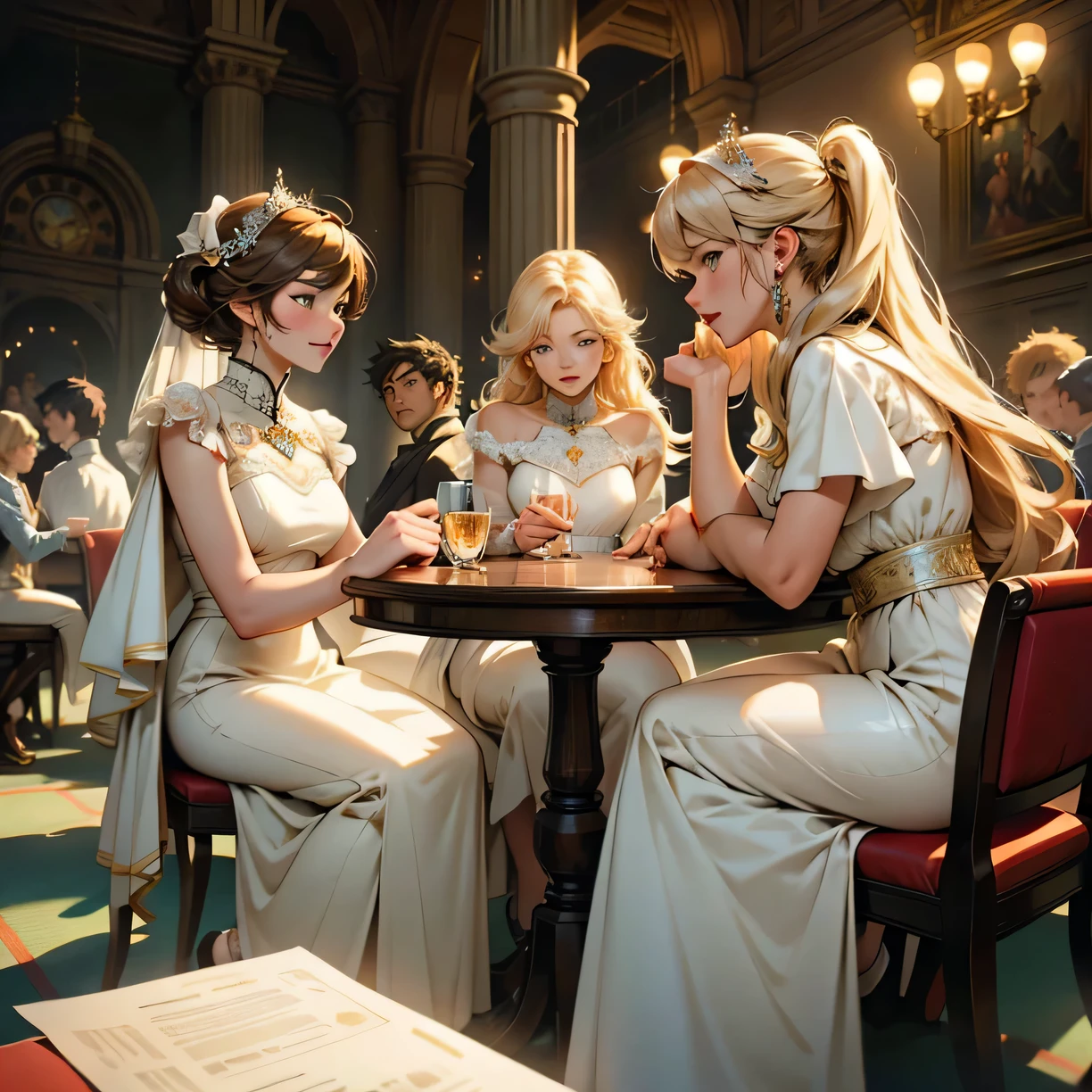 high resolution, best quality, illustration, Super Detail, (Delicate face), (Delicate eyes) In the venue, A group of people sitting together and communicating with each other