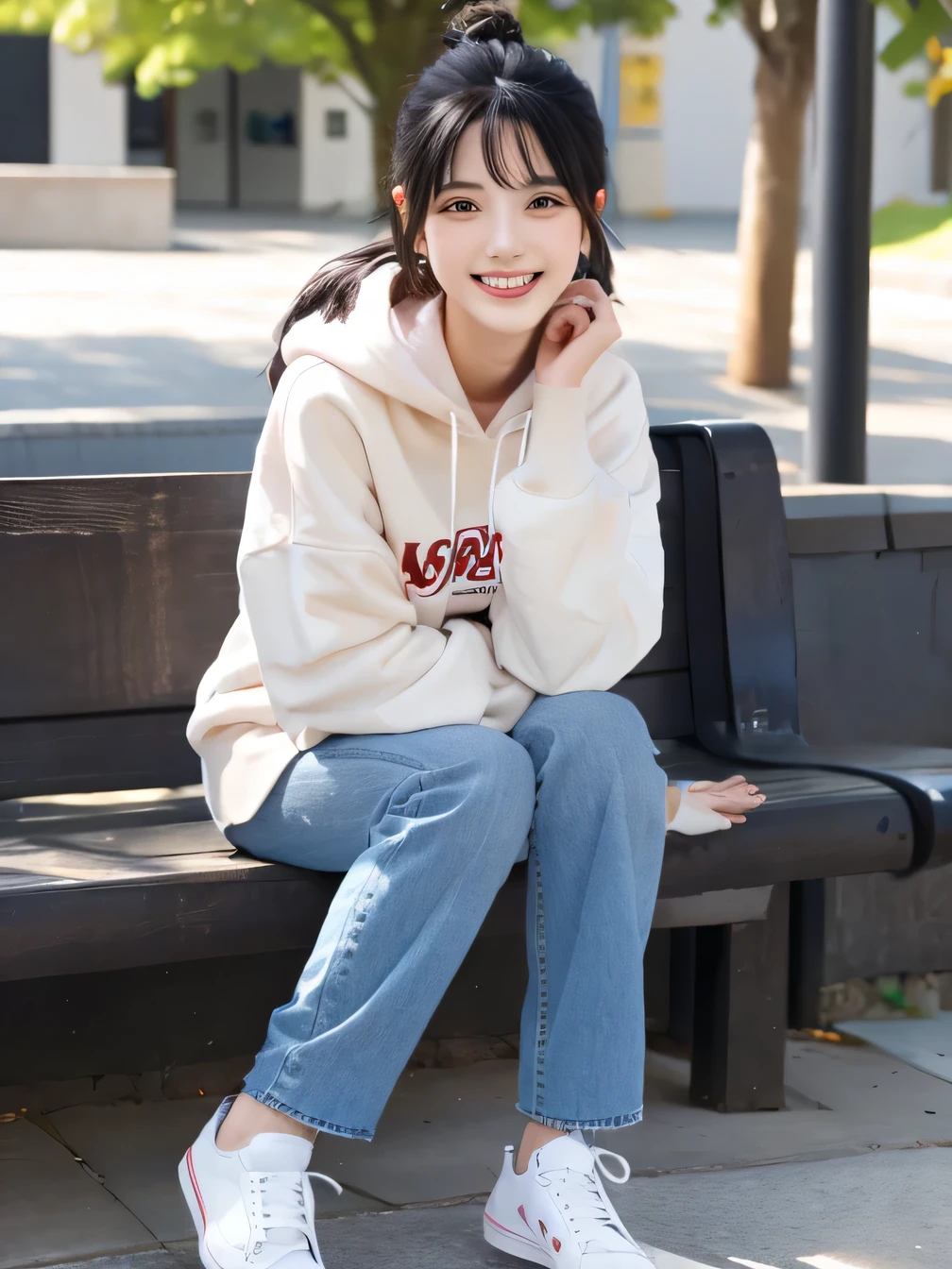 highest quality)), ((masterpiece)), (Get used to it), Perfect Face、((highest quality)), A neat and beautiful woman sitting on a park bench、hoodie、Skinny jeans、sneakers、Black Hair、smile、smile showing teeth、Full body photo、Ear Piercing Information