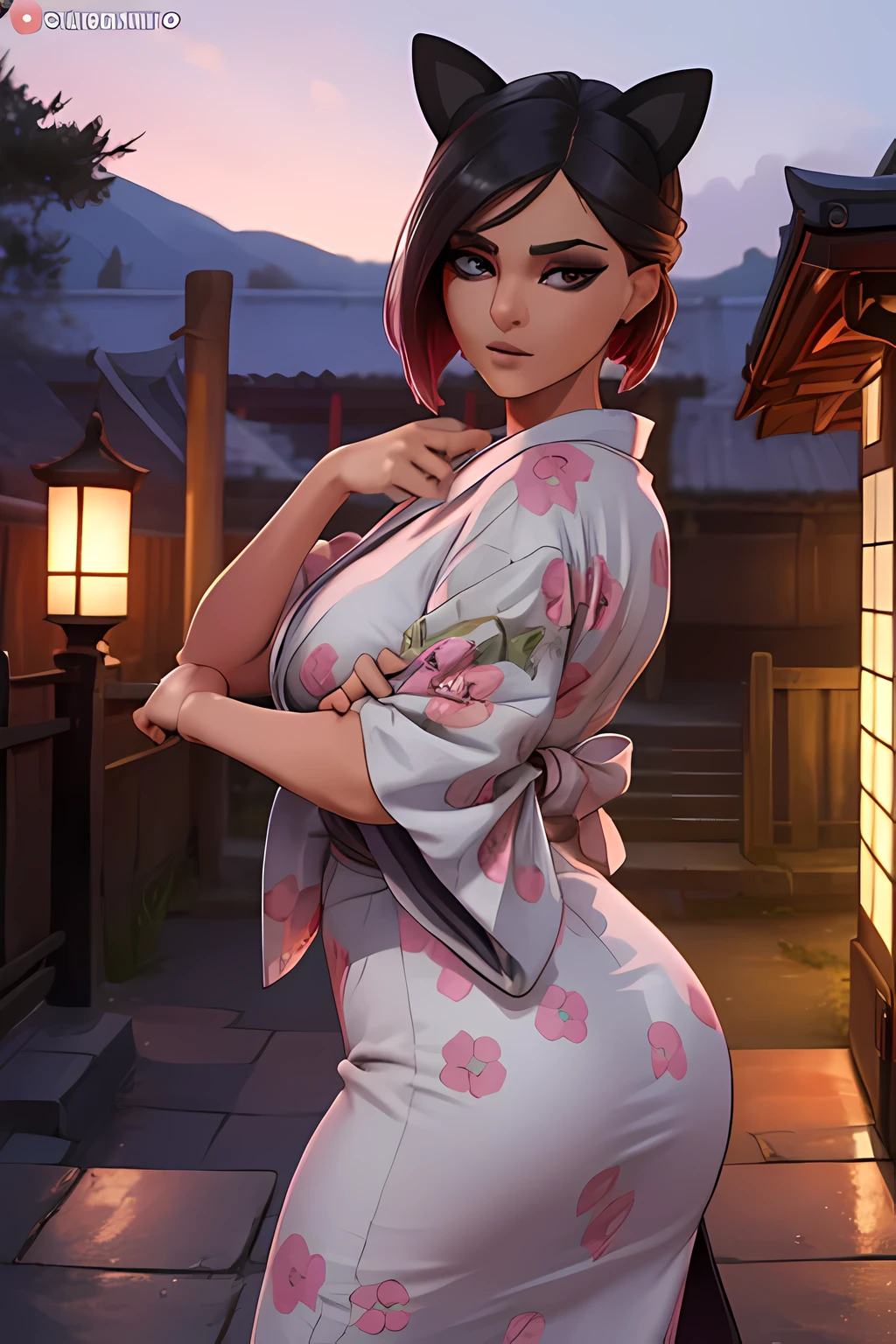 lince , japanese yukata dress night landscape ,Extremadamente detallado, rostro detallado,hermoso rostro, ojos finos, mirando al espectador, pose femenino.