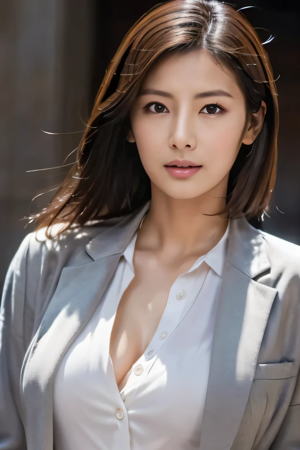 ((highest quality, 8k, masterpiece: 1.3)), sharp: 1.2, Perfect body beauty: 1.4, Slim Abs: 1.2, ((Layered Hairstyles, Big Breasts: 1.2)), (Wet White Button Long Shirt: 1.1), (rain, street: 1.2), Wet: 1.5, Highly detailed face and skin texture, Beautiful Eyes, double eyelid, Side view of the camera,Glasses,