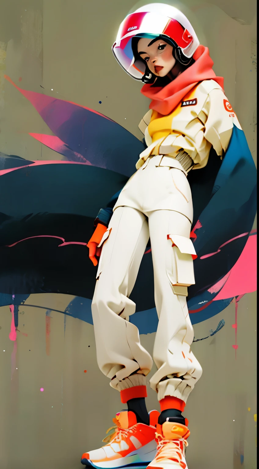 (ultra detailed,ultra high res,detailed background),((2D)),((flat color)),((muted color)),((floating neon)),1girl,solo,looking at viewer, BREAK, spray paint, graffiti, girl in a floral print space suit wearing her helmet, plush tartan scarf, full body image