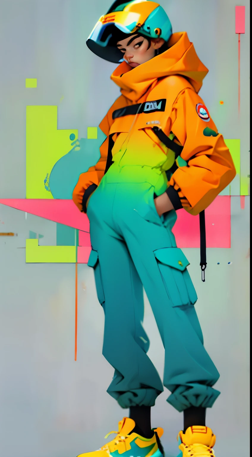 (ultra detailed,ultra high res,detailed background),((2D)),((flat color)),((muted color)),((floating neon)),1girl,solo,looking at viewer, BREAK, spray paint, graffiti, girl in a floral print space suit wearing her helmet, plush tartan scarf, full body image