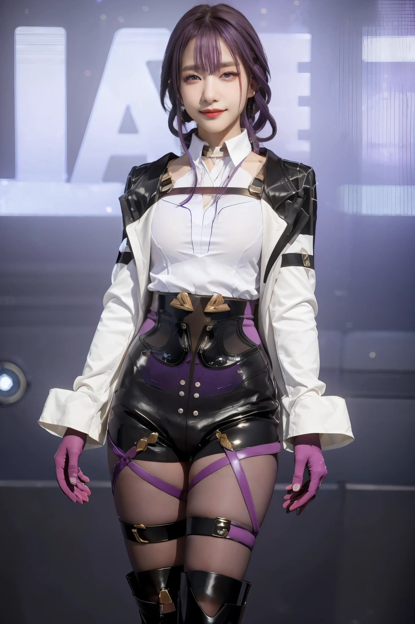 masterpiece, best quality, 1girl, KafkaV4, shirt, white shirt, jacket, purple hair, long sleeves, eyewear on head, sunglasses, boots, gloves, pantyhose, cowboy shot, standing, gradient background, spaceship, closed mouth, smile, looking at viewer,
