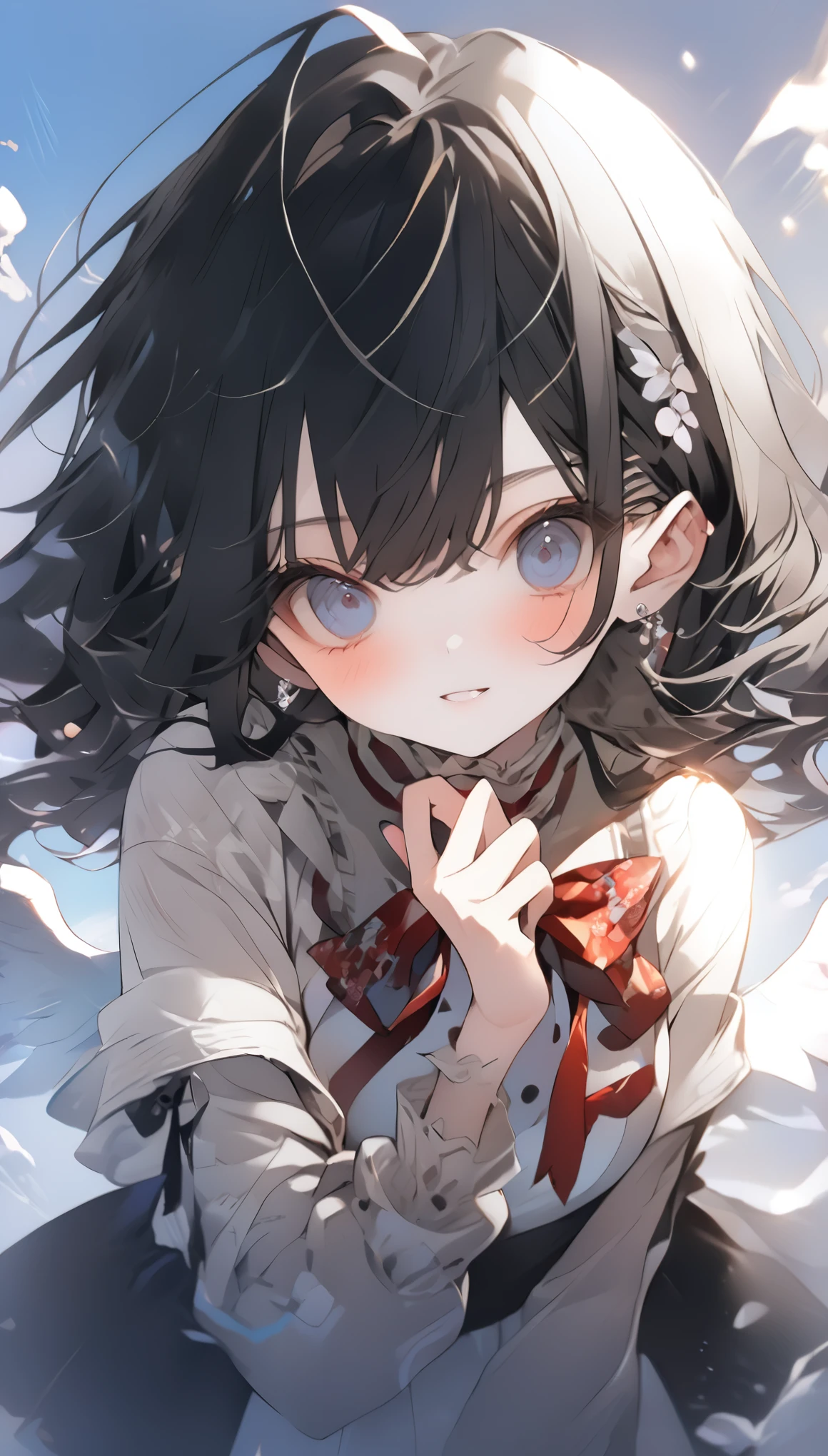 highest quality)), ((masterpiece)), Perfect Face((highest quality)）cute,beautiful girl,Pure white hair,bangs,Medium Hair,blue eyes.alone,smile,cute,Beautiful breasts、See-through、Transparent Vinyl Suit、Pussy、Nipple Covers
