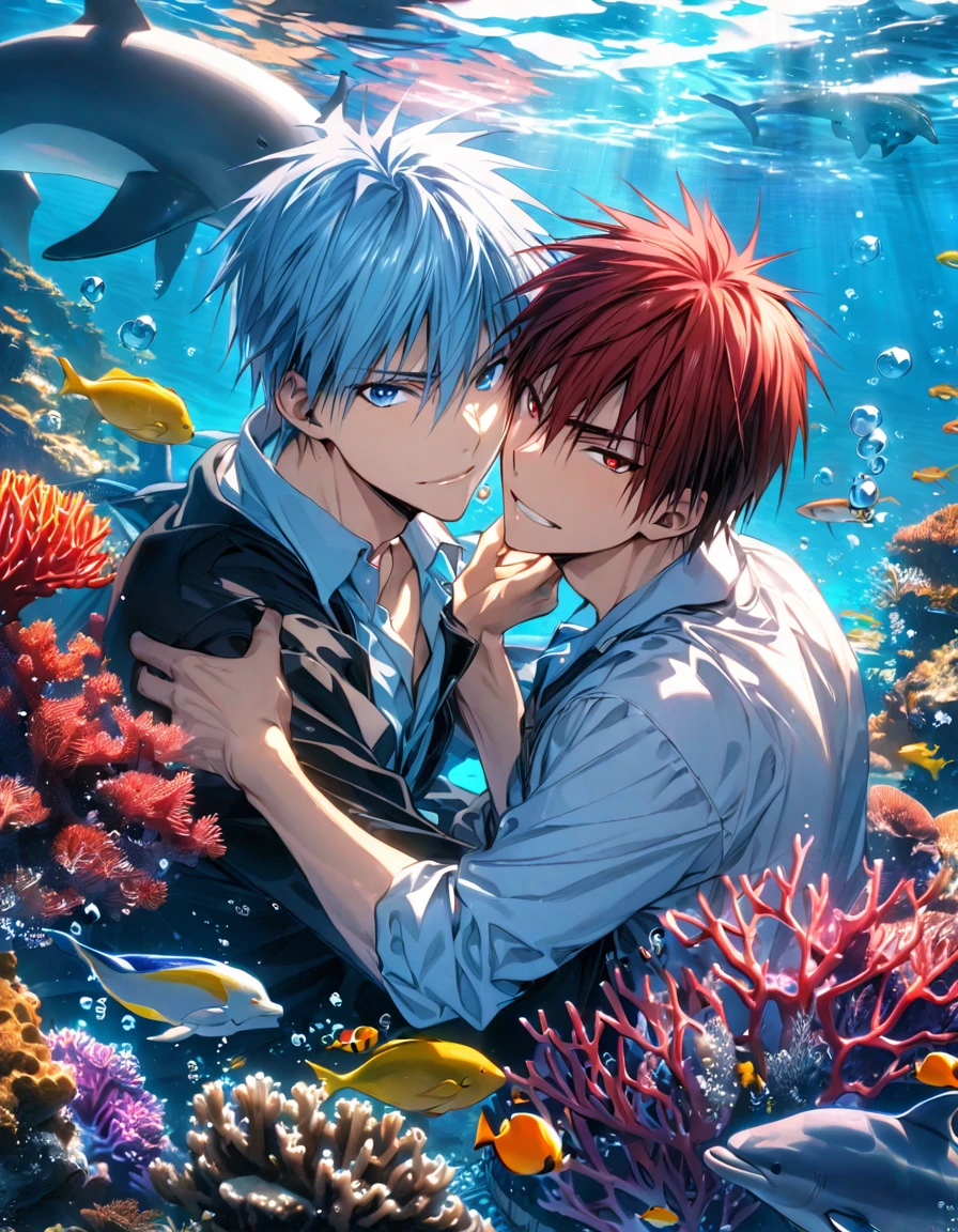 absurdres, highres, ultra detailed, HDR, masterpiece, extremely detailed face and eyes, Kagami Taiga, red short hair, expressive red eyes, Kuroko No Basket, Kuroko Tetsuya, light-blue hair, expressive blue eyes, 2men together, gay couple, handsome, underwater, bubbles, coral, fish, dolphin