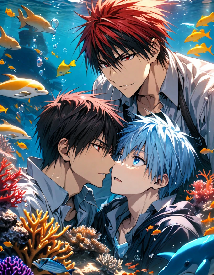 absurdres, highres, ultra detailed, HDR, masterpiece, extremely detailed face and eyes, Kagami Taiga, red short hair, expressive red eyes, Kuroko No Basket, Kuroko Tetsuya, light-blue hair, expressive blue eyes, 2men together, gay couple, handsome, underwater, bubbles, coral, fish, dolphin