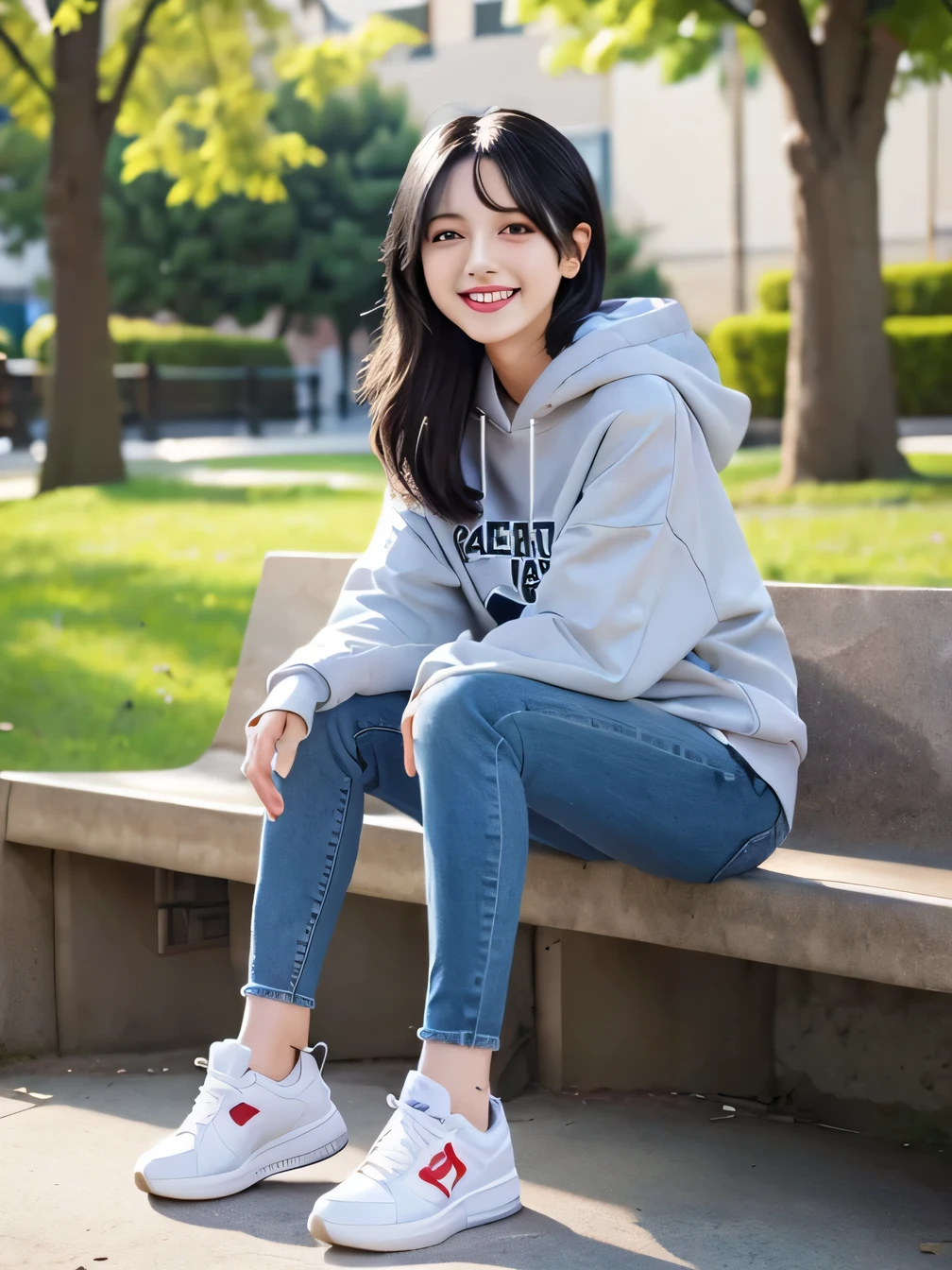 highest quality)), ((masterpiece)), (Get used to it), Perfect Face、((highest quality)), A neat and beautiful woman sitting on a park bench、hoodie、Skinny jeans、sneakers、Black Hair、smile、smile showing teeth、Full body photo、Ear Piercing Information
