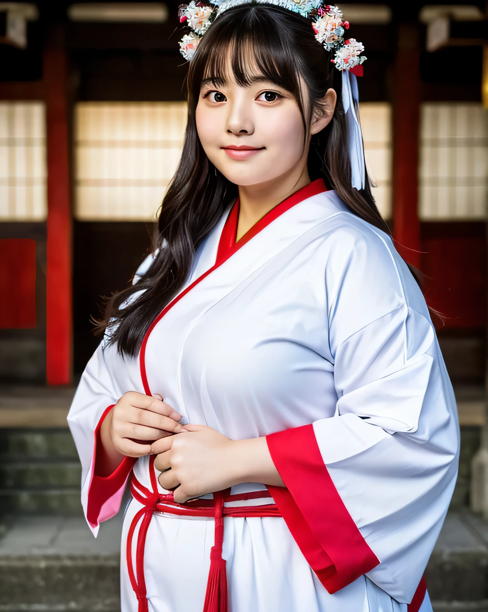 1famale、Overweight、Extremely fat、Chubby、shrine maiden、Japanese、8k、High resolution、masterpiece、highest quality