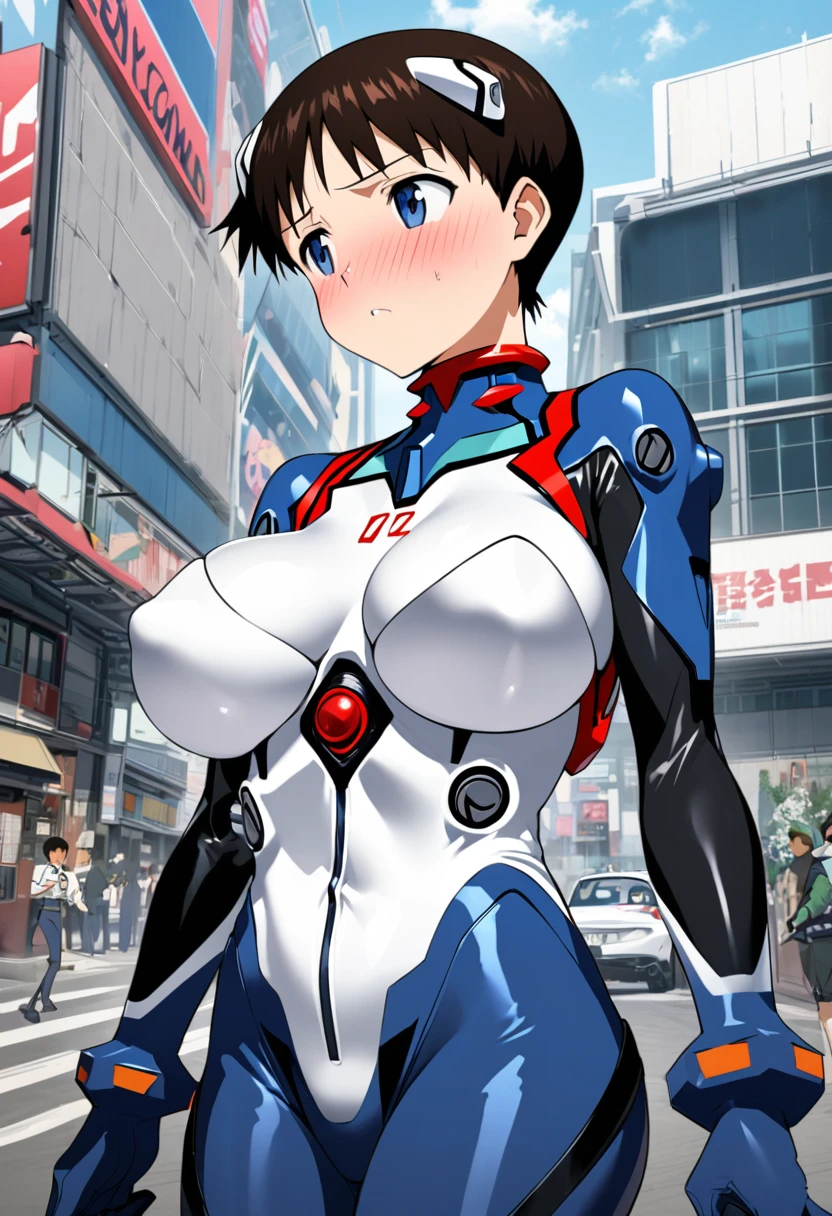 Evangelion plugsuit, male focus, ikari shinji, pilot suit super big breasts breast enlargement blushing standing alone in sci-fi city full-body shot