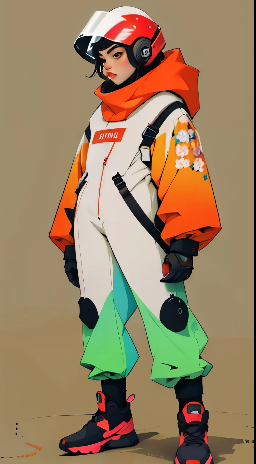 (ultra detailed,ultra high res,detailed background),((2D)),((flat color)),((muted color)),((floating neon)),1girl,solo,looking at viewer, BREAK, spray paint, graffiti, girl in a floral print space suit wearing her helmet, plush tartan scarf, full body image