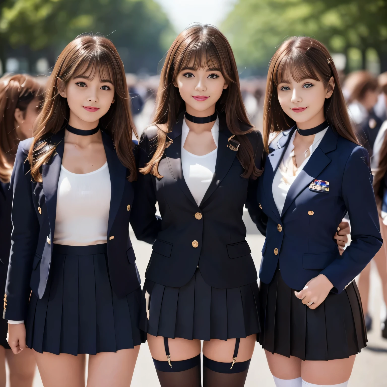 ((masterpiece, High resolution)), ((Thousands, Crowd)), girl, group, clone, (( brown haired girl, blonde girl)), elegant, rich girl, Emotionless, Arms at your sides, Straight spine, (((Matching outfits, Same clothes, Navy blue uniform, Sexy Uniform, Navy blue blazer, Short skirt, White knee socks, Long white socks, Black high heels))), Upright immobile posture, shoulder to shoulder, Same pose, sisters lined up neatly, Many lines, Crowd Shot, ((Black Choker, blue eyes, Very long eyelashes, bangs, Big Breasts, smile))，slim